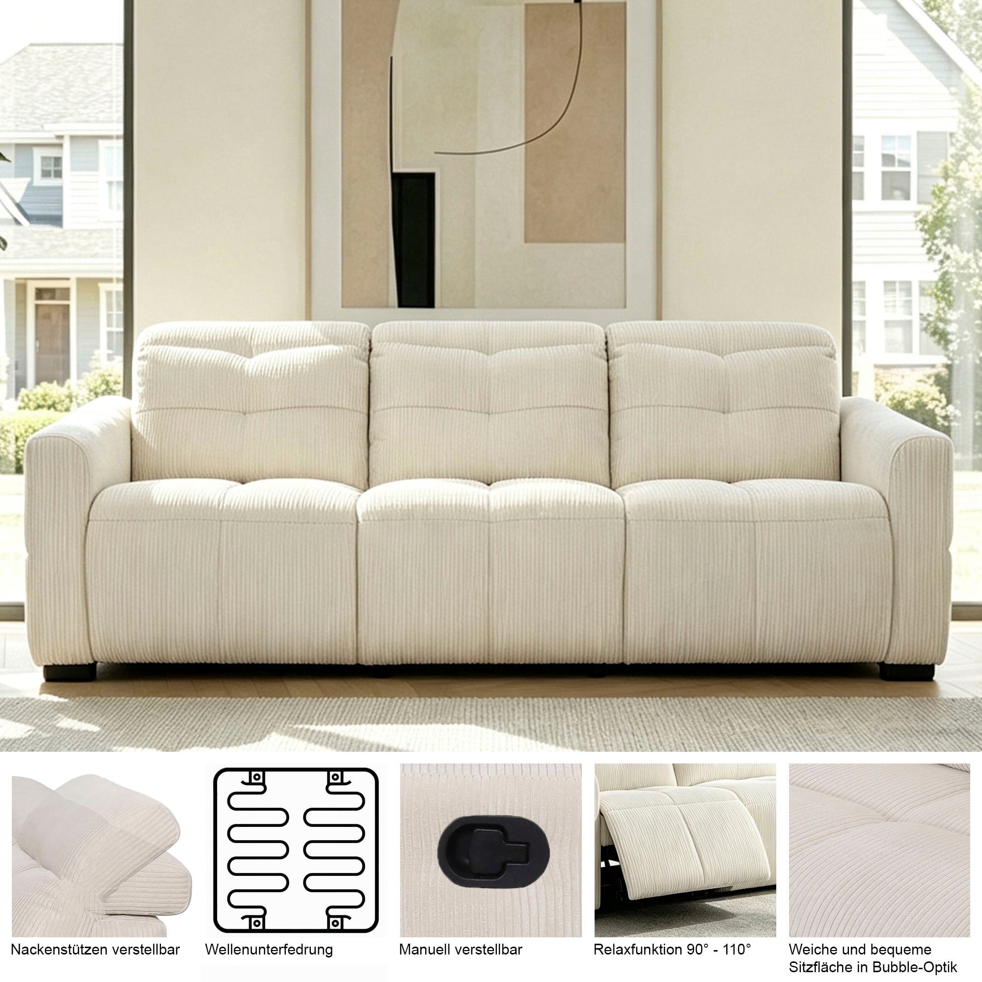 GOODproduct »CAARLA Cord, Sofa, 224 cm, man. oder elektr. Relaxfunktion (USB-A/C)« mit USB-A und USB-C bei elektrischer Ausführung, Kopfteilverstellung