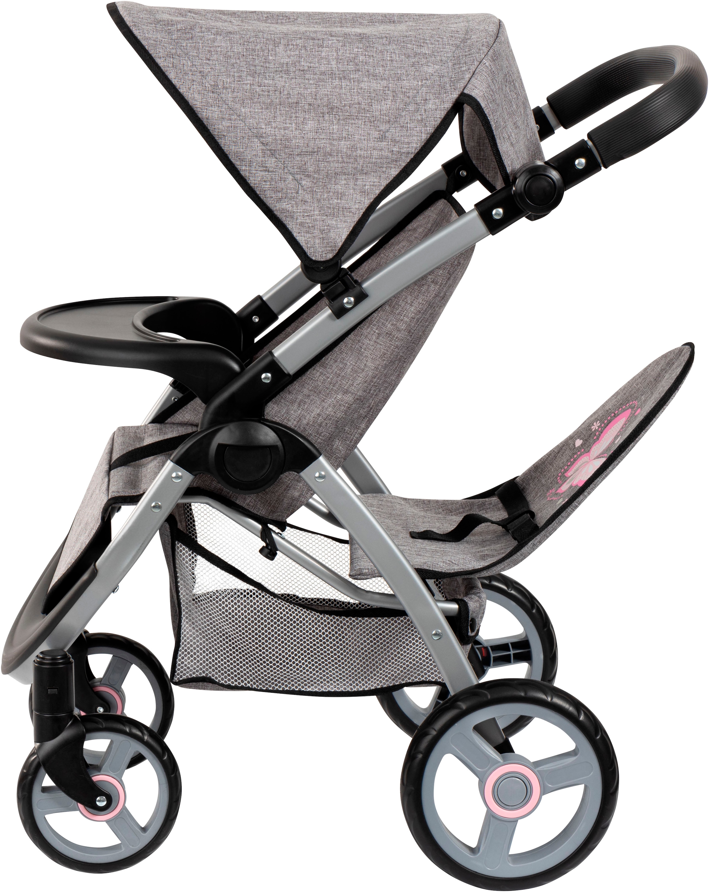 Bayer Puppen-Zwillingsbuggy »Twin Star, grau/rosa« mit Wickeltasche