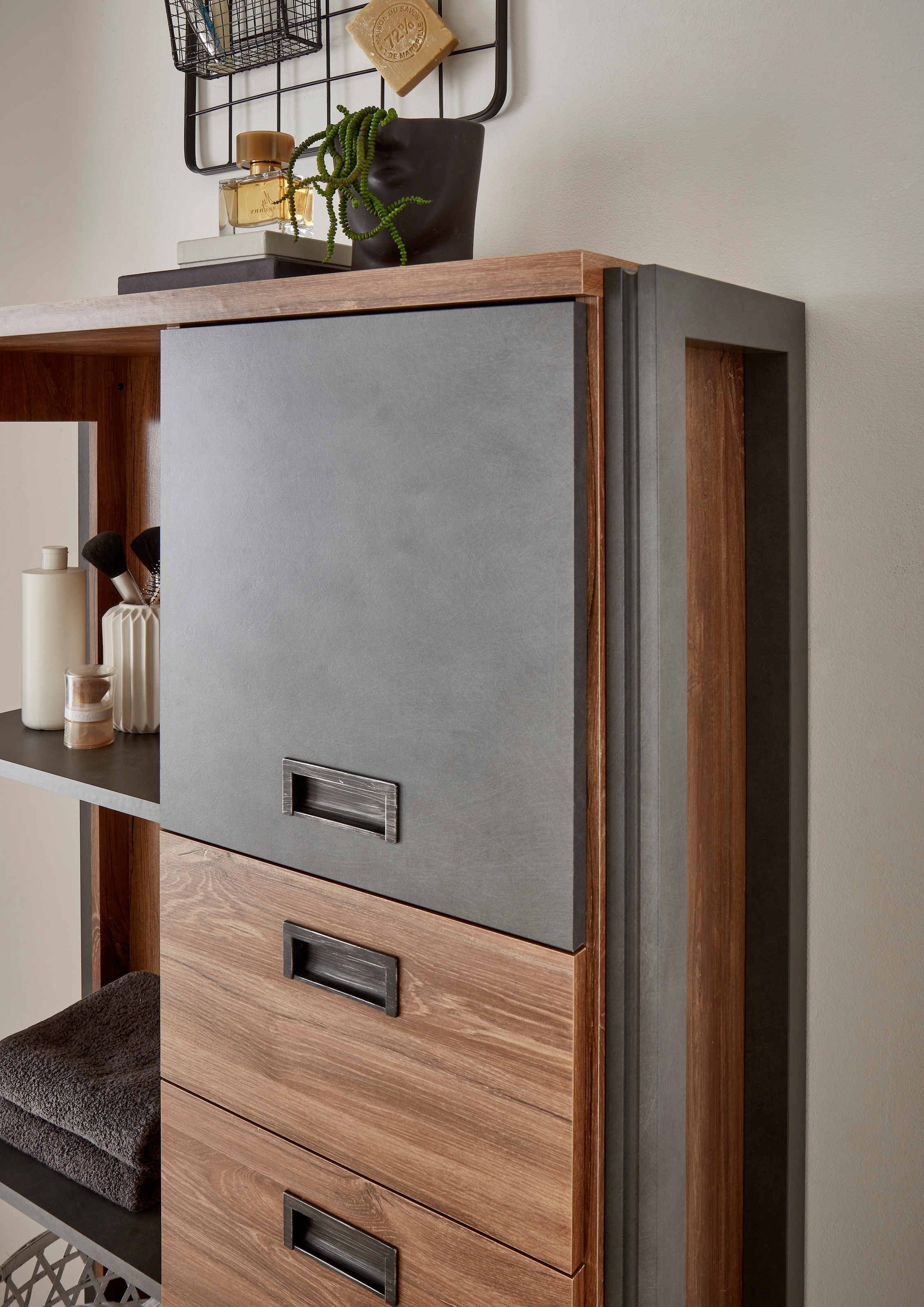 Home affaire Badmöbel-Set »Detroit, Bad im Industrialdesign, 3-teiliges Badezimmer«, (Set, 4 St.), Waschtisch, Highboard, Spiegel, inkl. 2 Mineralguss-Aufsatzwaschbecken