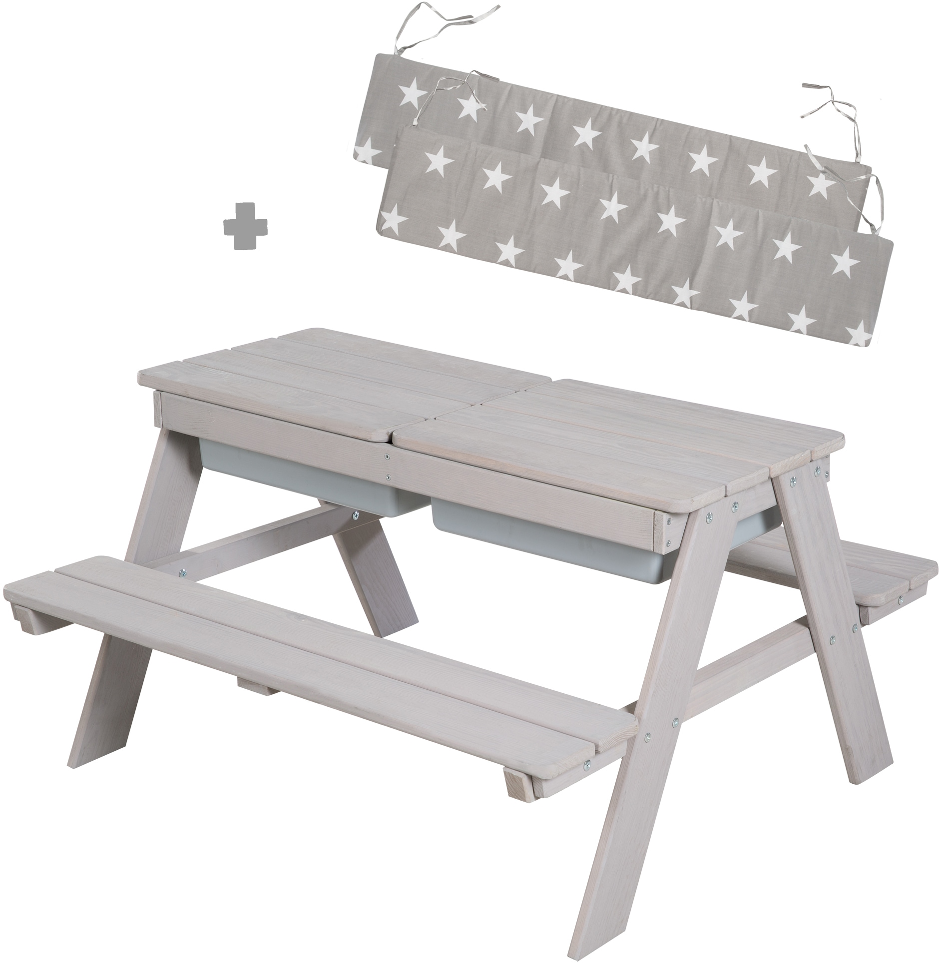Image of roba Kindersitzgruppe "Picknick for 4 Outdoor + mit Spielwannen, Grau" Set, mit abgerundeten Ecken; inklusive Sitzauflagen Â"Little StarsÂ"