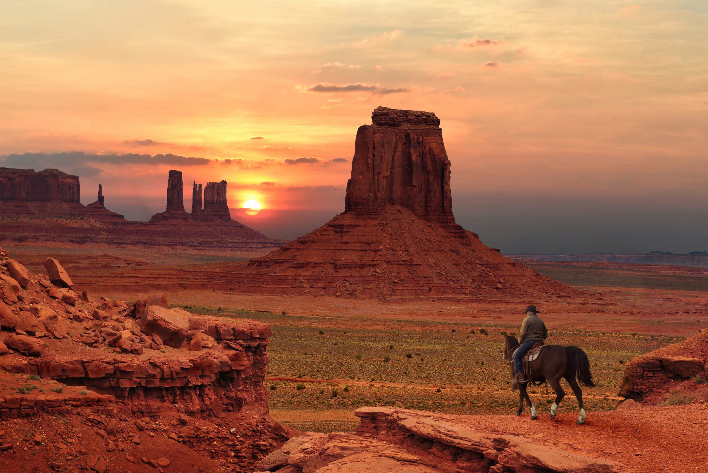 Image of Papermoon Fototapete "MONUMENT TAL-SANDSTEIN BERGE SONNE STEINE WÜSTE COWBOY"