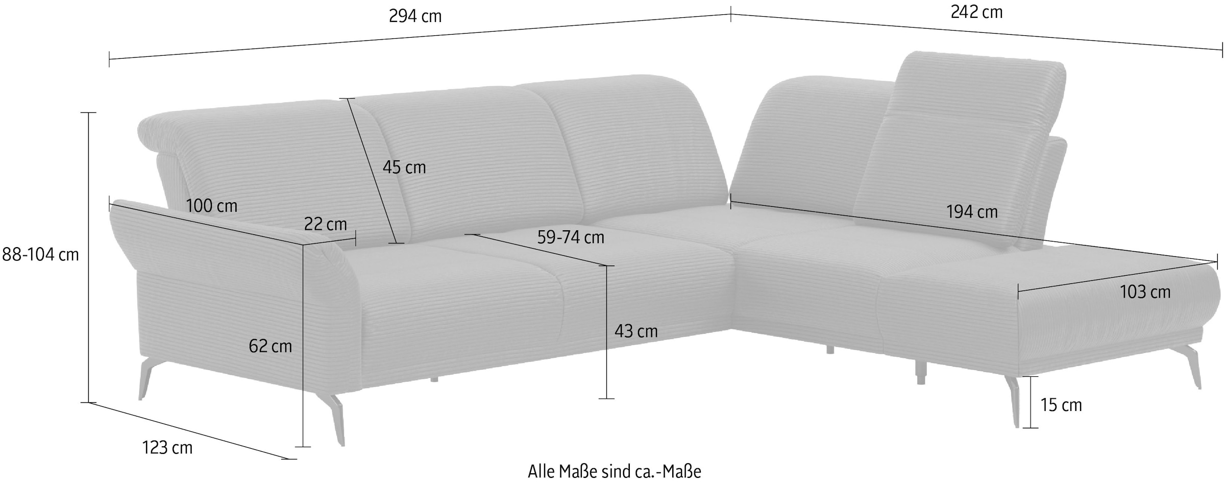 INOSIGN Ecksofa »Coco L-Form«, Sitztiefen-, Arm- und Kopfteilverstellung, Cord-Bezug, Fusshöhe 15 cm