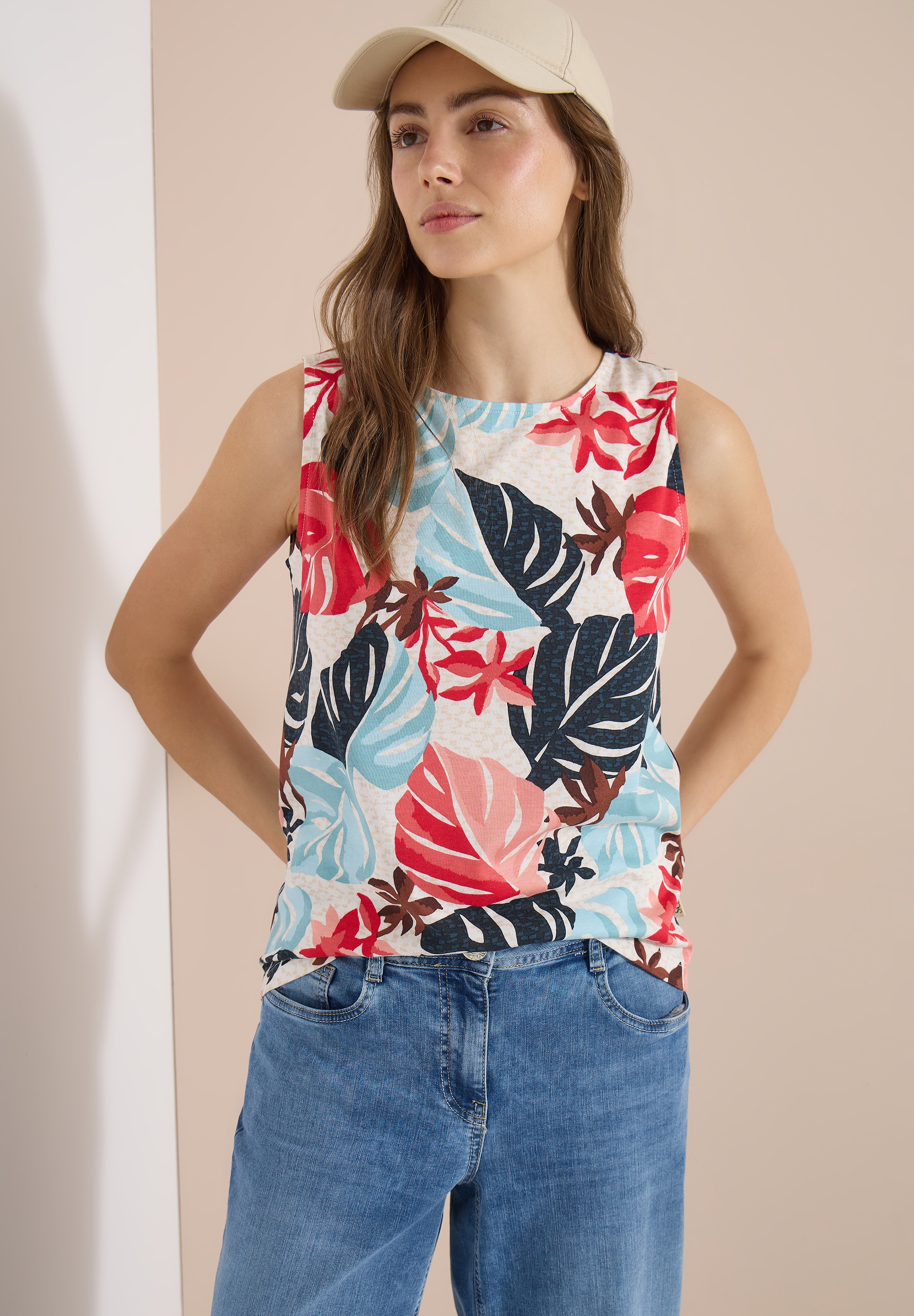 Cecil Shirttop Sommertop mit Rundhals und Blätterprint