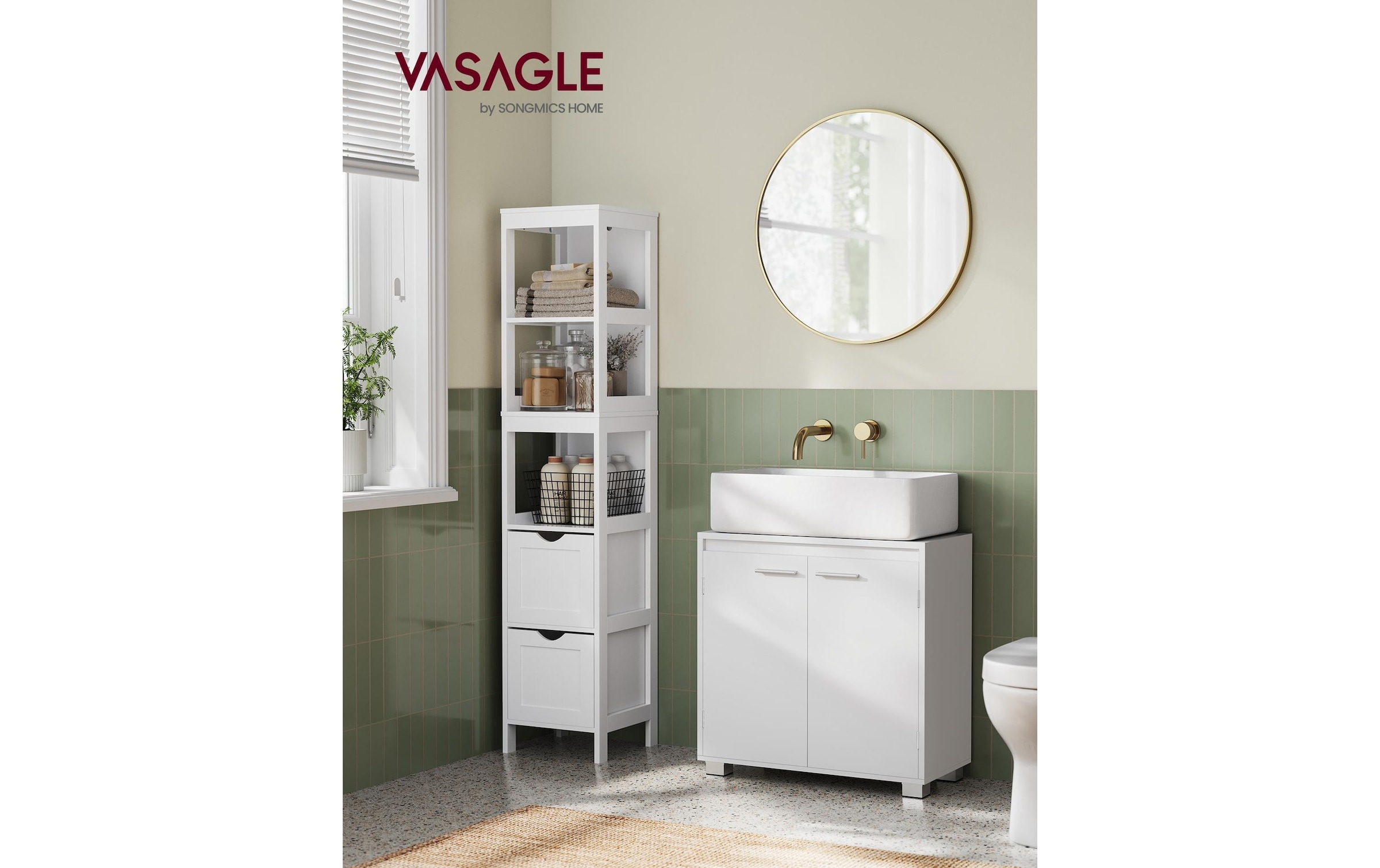 VASAGLE Armoire sous lavabo »60 x 60 cm« Meuble sous-lavabo avec deux compartiments et étagère réglable
