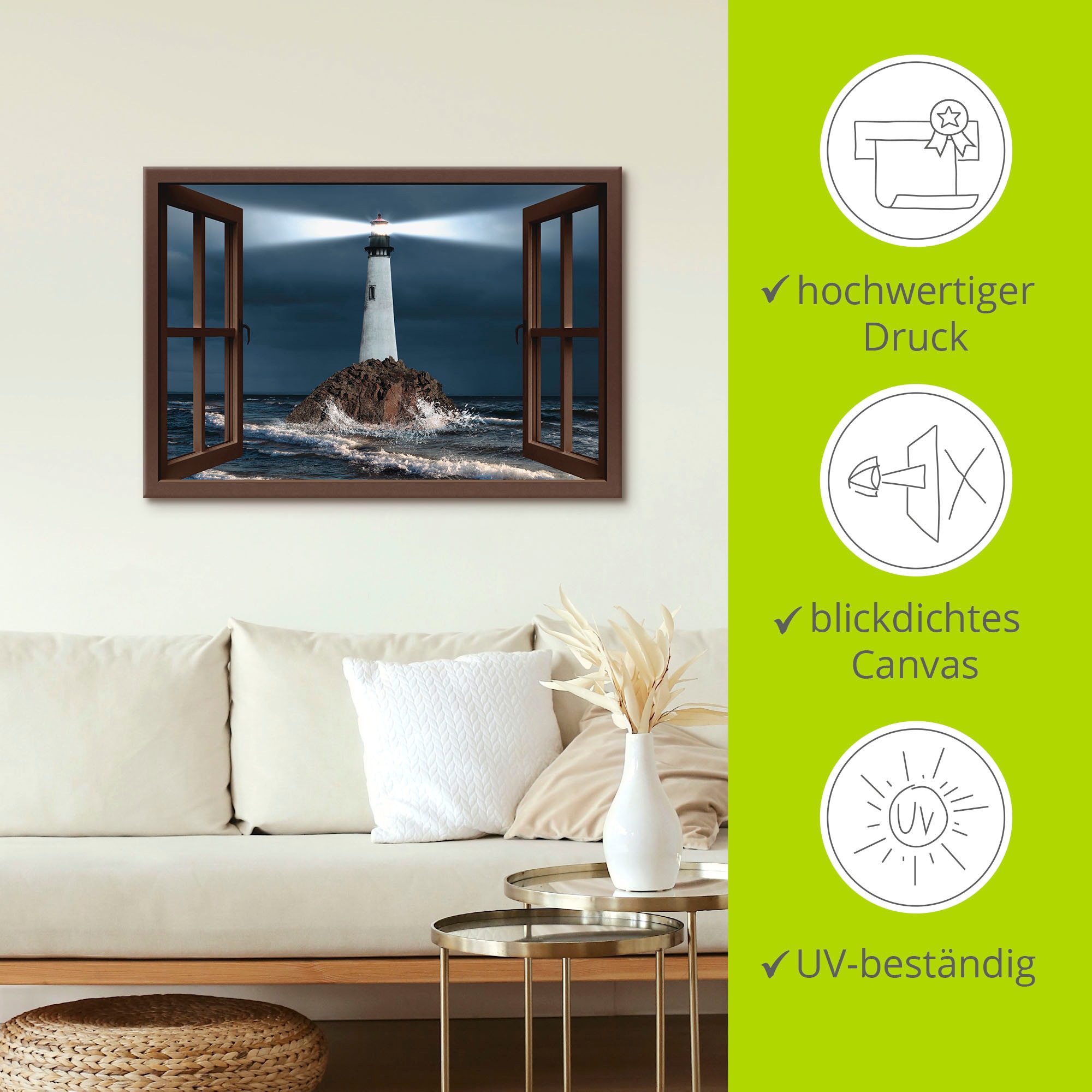 Artland Leinwandbild »Fensterblick Leuchtturm mit Lichtstrahl« Gebäude 1 Stk. tlg. als Leinwandbild, Wandaufkleber in verschied. Grössen