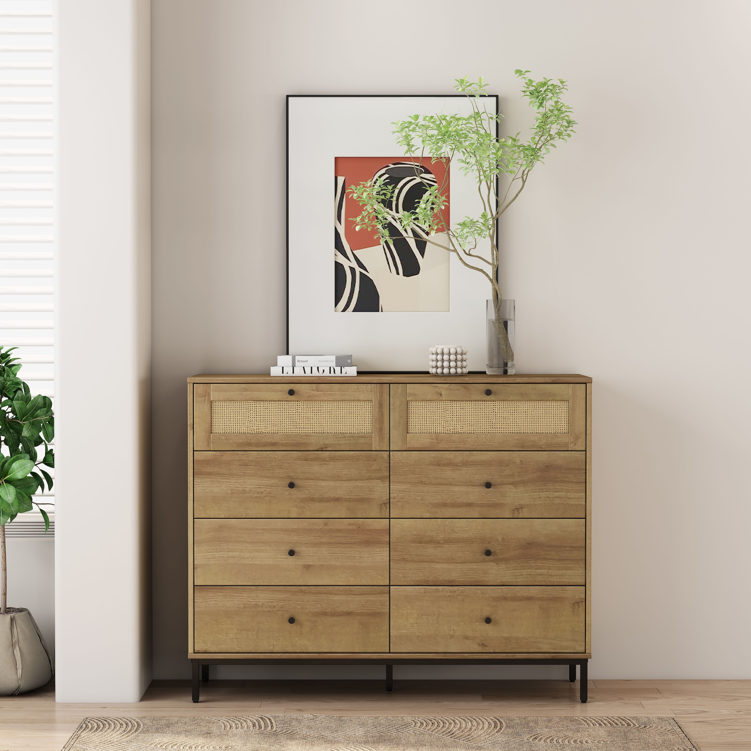 GOODproduct Kombikommode »Motala Wäsche Schrank mit 8 Schubladen Sideboard BOHO Design« Eichen-Design mit schwarzen Griffen und Geflecht Schubladen,  Kommode Schrank Wäscheschrank mit 8 Schubladen