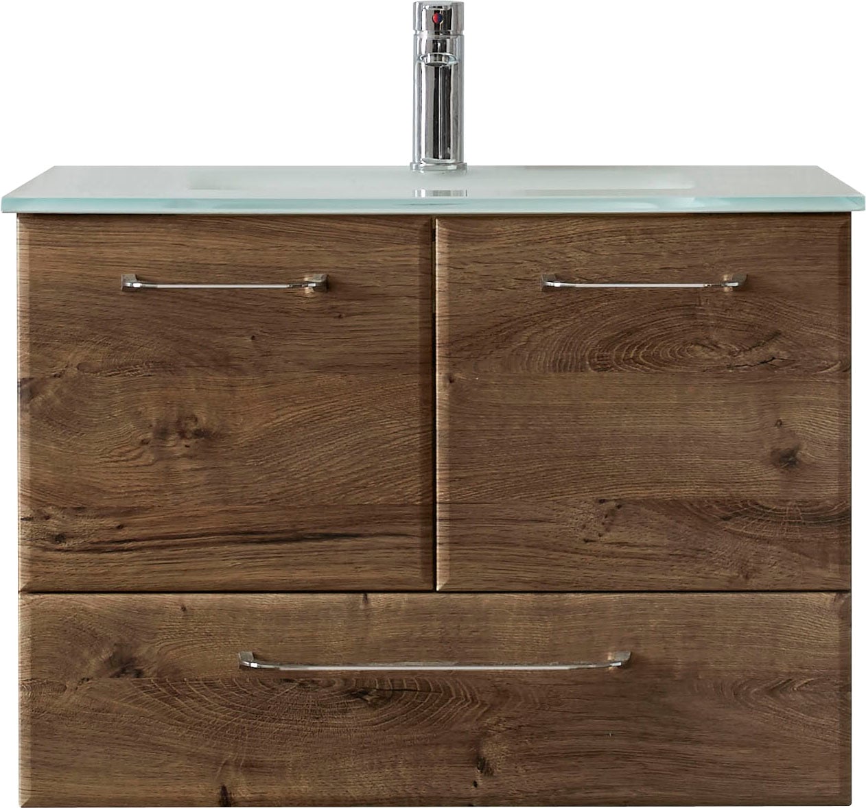 Saphir Waschtisch »Quickset Glaswaschtisch mit Unterschrank, 74 cm breit, Waschplatz« Griffe in Chrom Glanz, inkl. Türdämpfer, 2 Türen, 1 Schublade