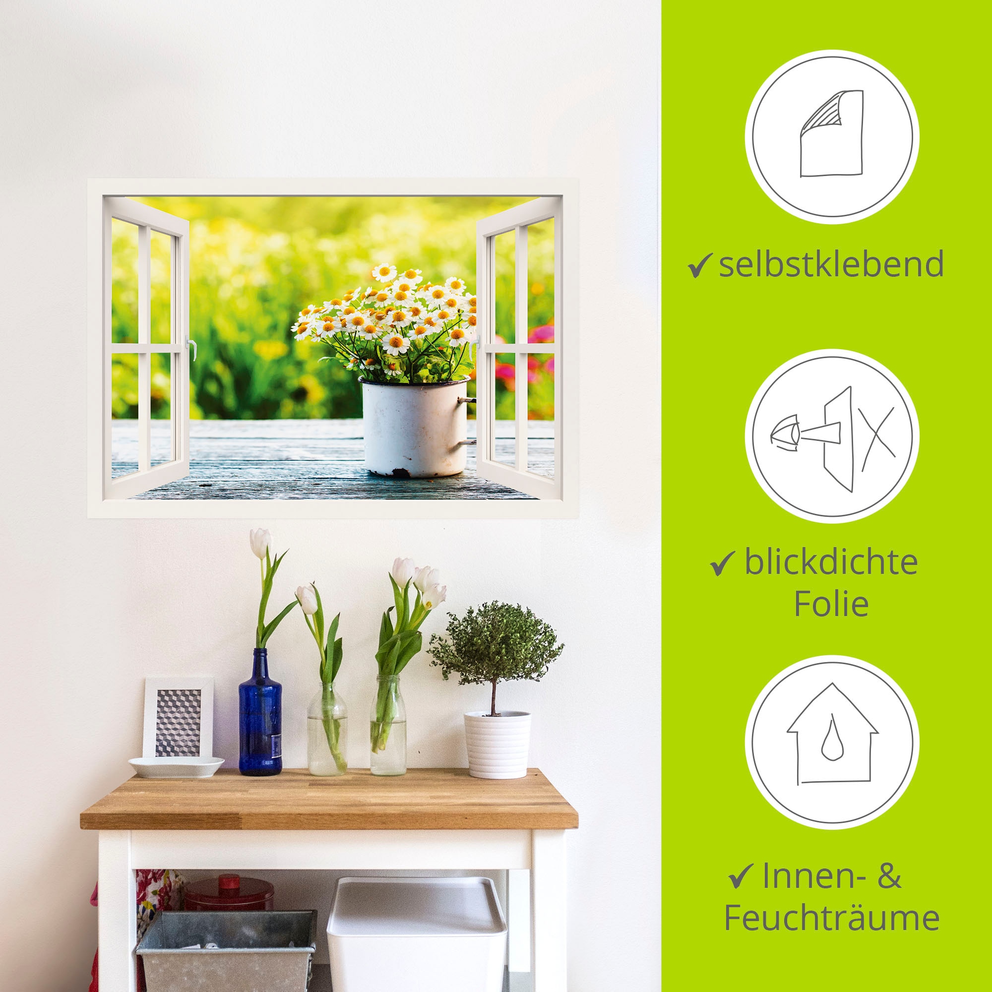 Artland Wandbild »Fensterblick Garten mit Gänseblümchen«, Blumen, (1 St.), als Alubild, Outdoorbild, Leinwandbild, Wandaufkleber, versch. Grössen
