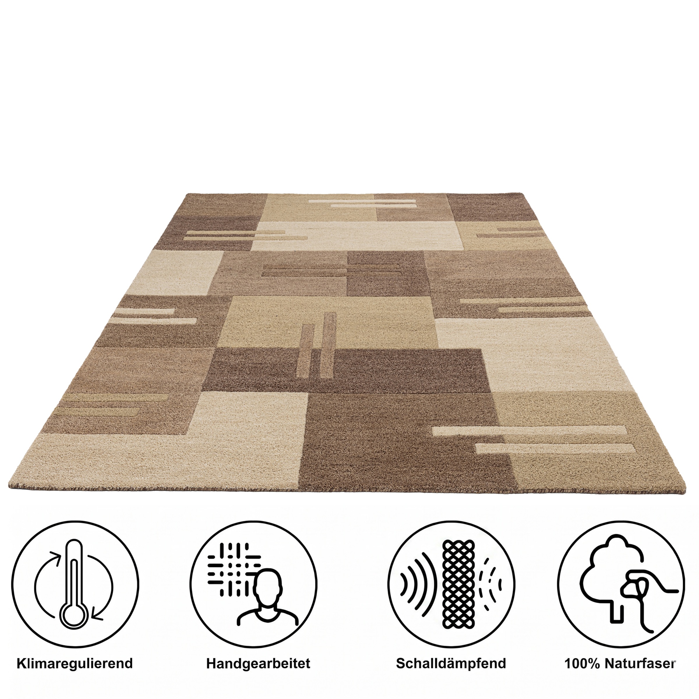 THEKO Tapis en laine »Gabbeh Kästchen, Patchwork Design, reine Wolle« Rectangulaire 14 mm Höhe Tons naturels, salon, chambre à coucher, salle à manger