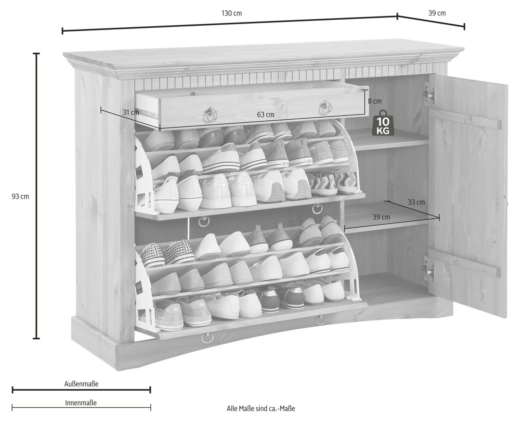 GOODproduct Commode à chaussures »Rustic« ,  en pin massif, largeur 130 cm, pour environ 2 x 12 paires de chaussures