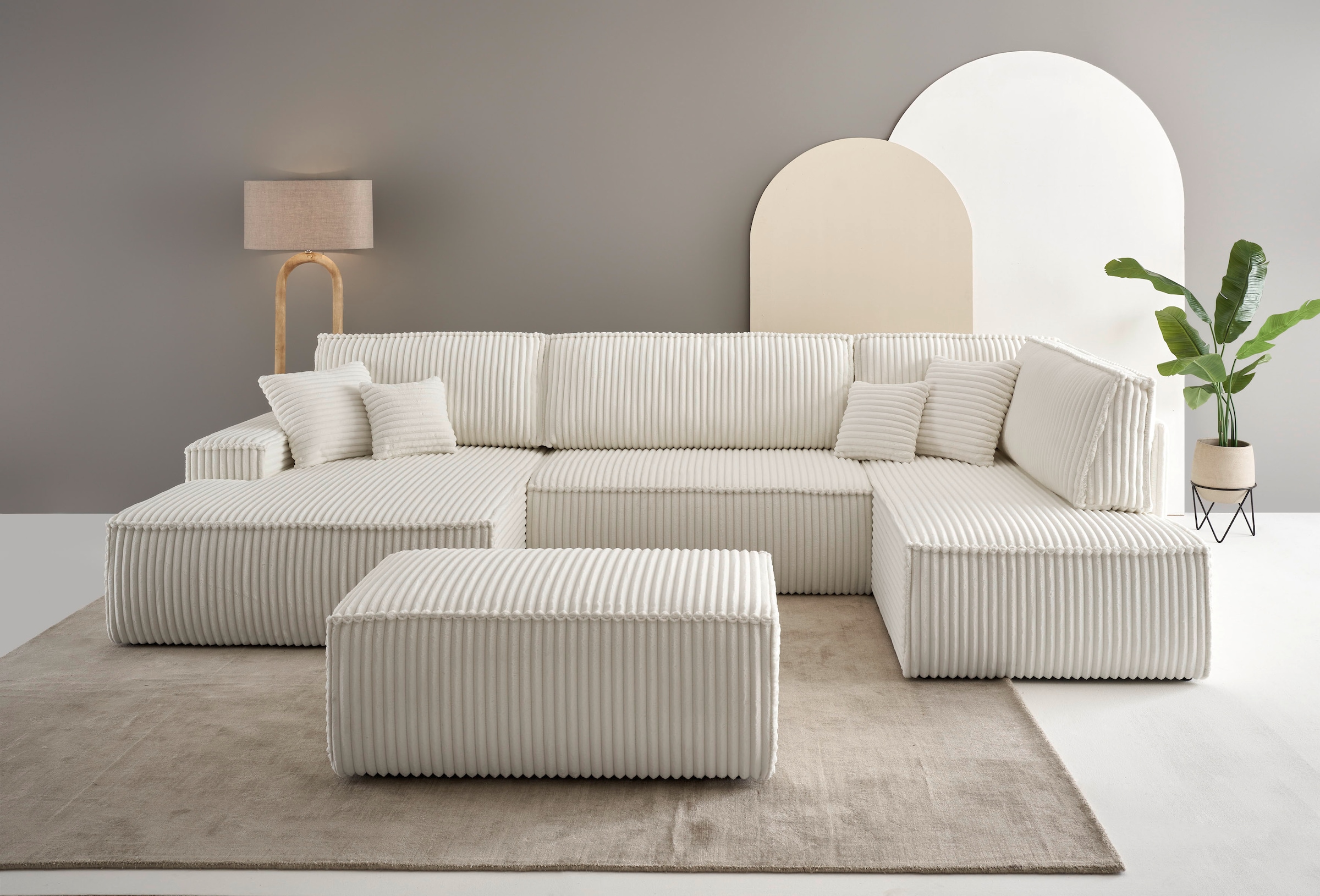 andas Wohnlandschaft »FINNLEY U-Form XXL 329 cm, Schlafsofa, Schlaffunktion m. Bettkasten«, (194/139 cm), Bouclé, Struktur und Cord