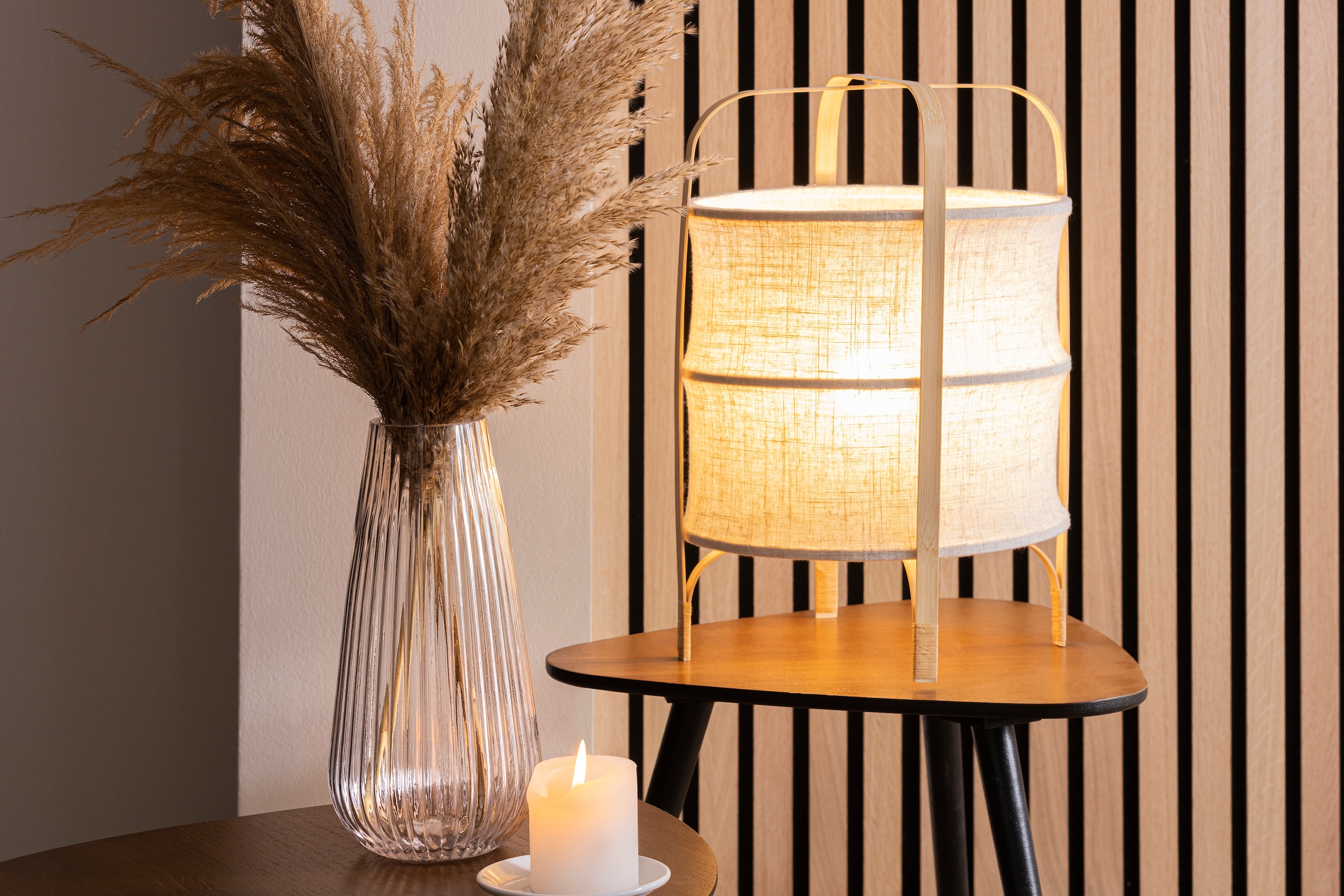 E27, affaire Tischleuchte Way«, beige/natur Schirm und Home 1 Tischlampe »McAnany Holz mit flammig-flammig, Rahmen, Textil