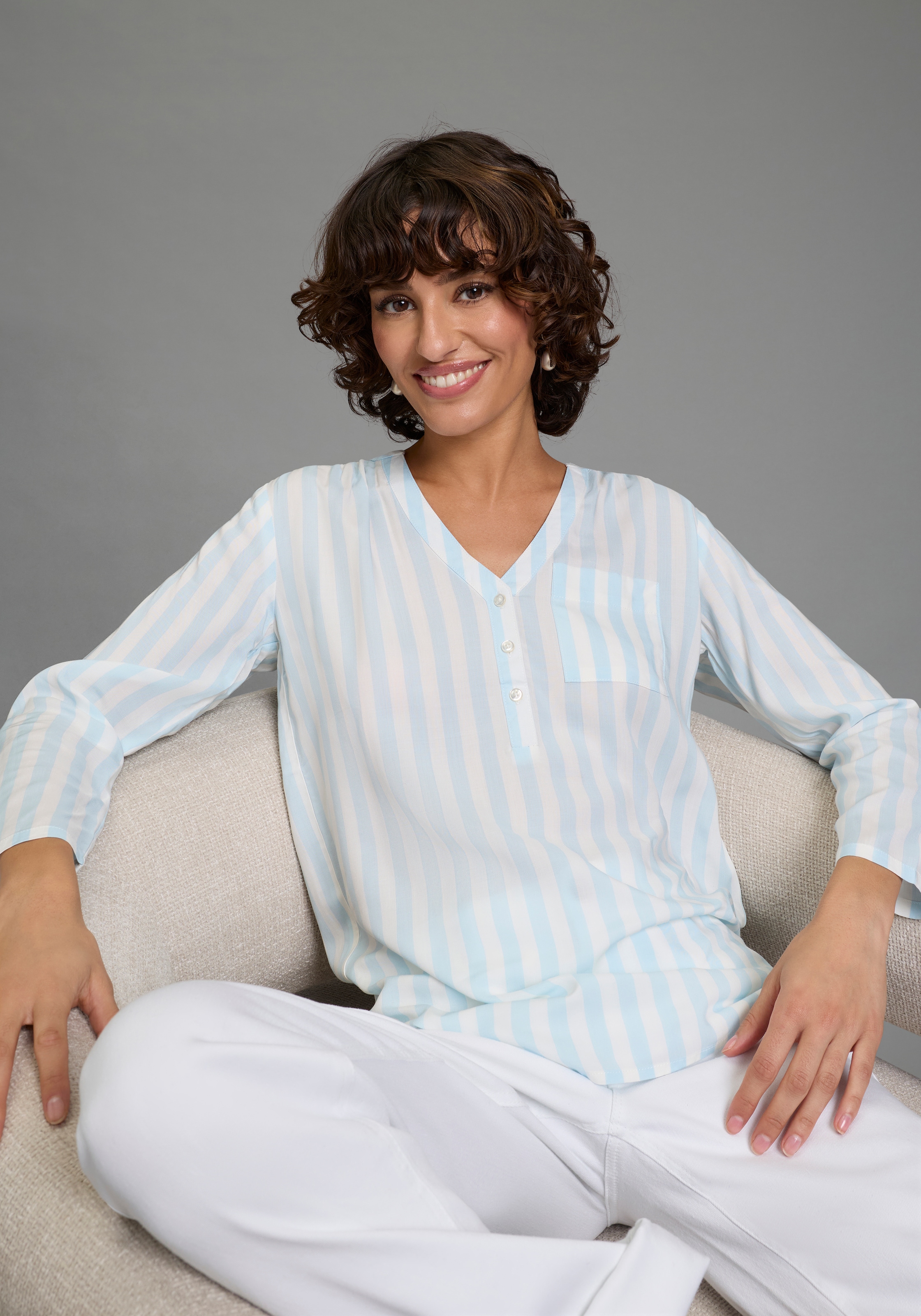 Image of Laura Scott Schlupfbluse gestreifte Langarmbluse, leicht transparent, V-Ausschnitt