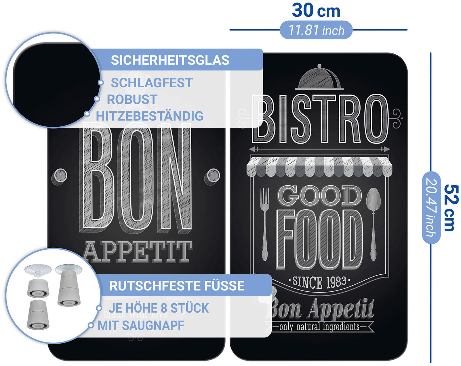 WENKO Herd-Abdeckplatte »Universal Modell Bon Appetit«, (Set, 2 tlg.), Herdabdeckung für alle Herdarten, kratzfest, mit rutschfesten Füssen
