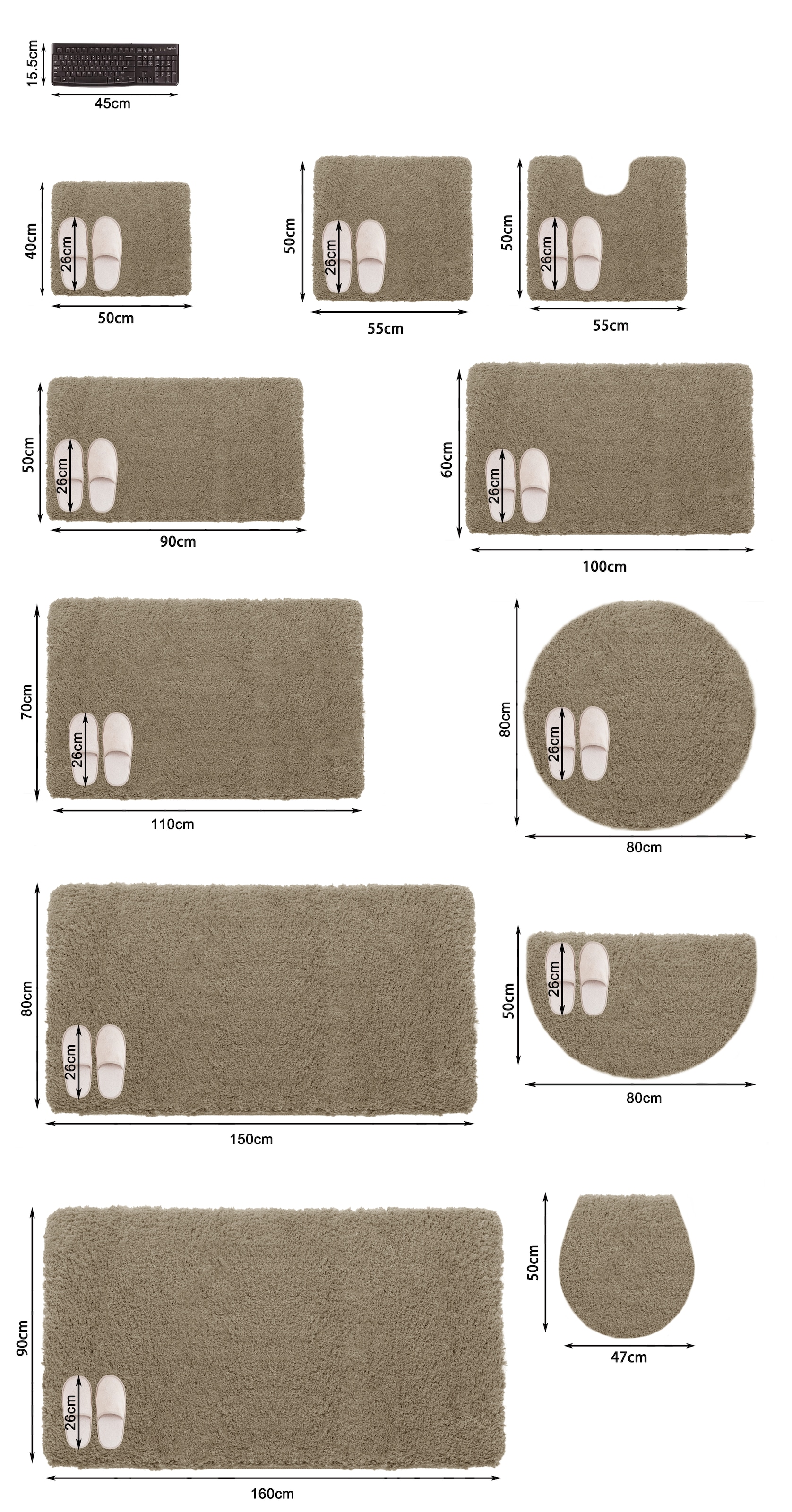 GOODproduct Tapis de bain »Inga, Badezimmer Teppich, Badvorleger« Höhe 20 mm revêtement antidérapant Résistant | Séchage rapide | compatible chauffage au sol Tapis de bain uni, doux, disponible en demi-cercle et rectangulaire