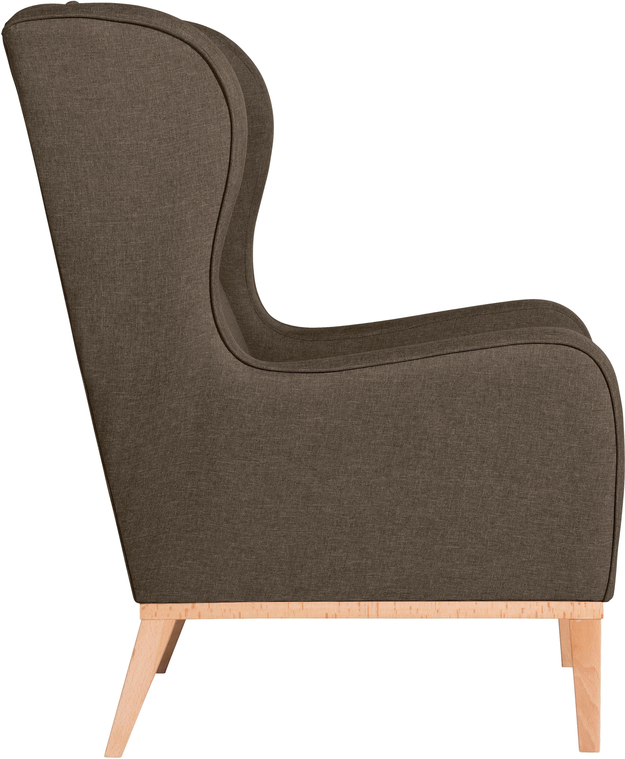 Max Winzer® Ohrensessel »Anthony eleganter Hochlehner, Designsessel, bequem und komfortabel«, mit umlaufendem Holzsockel & Kedernaht, Solitärmöbel mit hohem Holzfuss