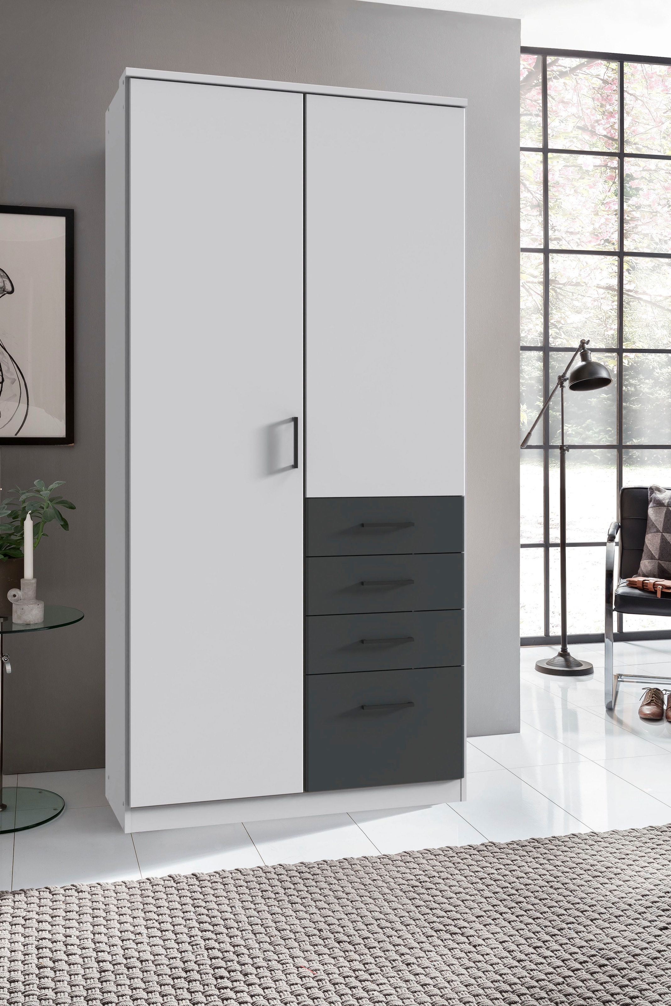 Wimex Kleiderschrank »Cottbus, in weiss oder grau modern kombiniert mit graphitfb.Schubladen«, (in 3 Grössen, schwarze Griffe, Made in Germany), mit 4 Schubladen, wahlweise mit oder ohne Spiegel