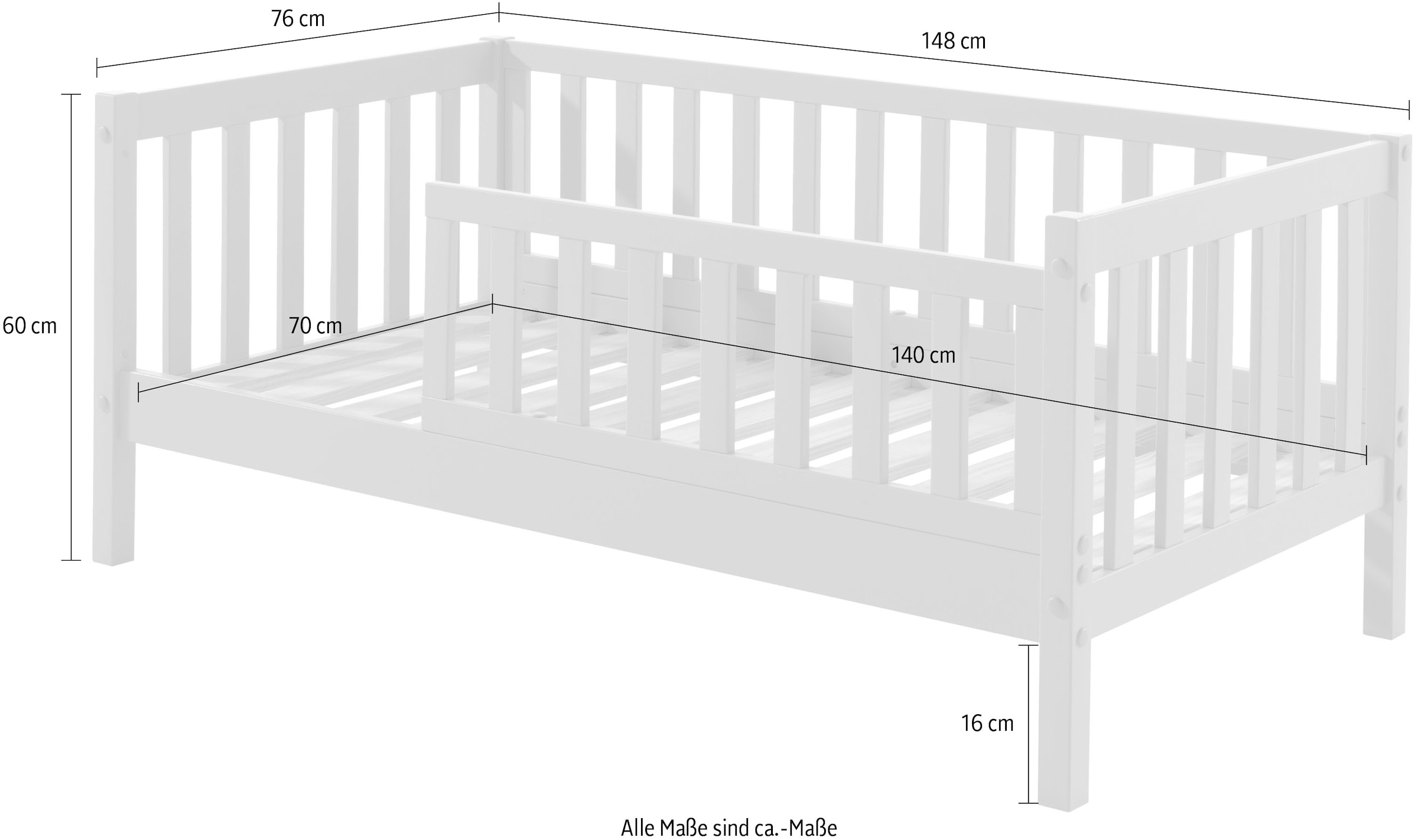 Vipack Lit d'enfant »Junior, Kiefermassiv mit umlaufenden Sprossengitter und Rolllattenrost« L/H/P env. 148x60x76 cm, avec entrée de lit basse,  au choix en 2 couleurs, avec ou sans tiroir
