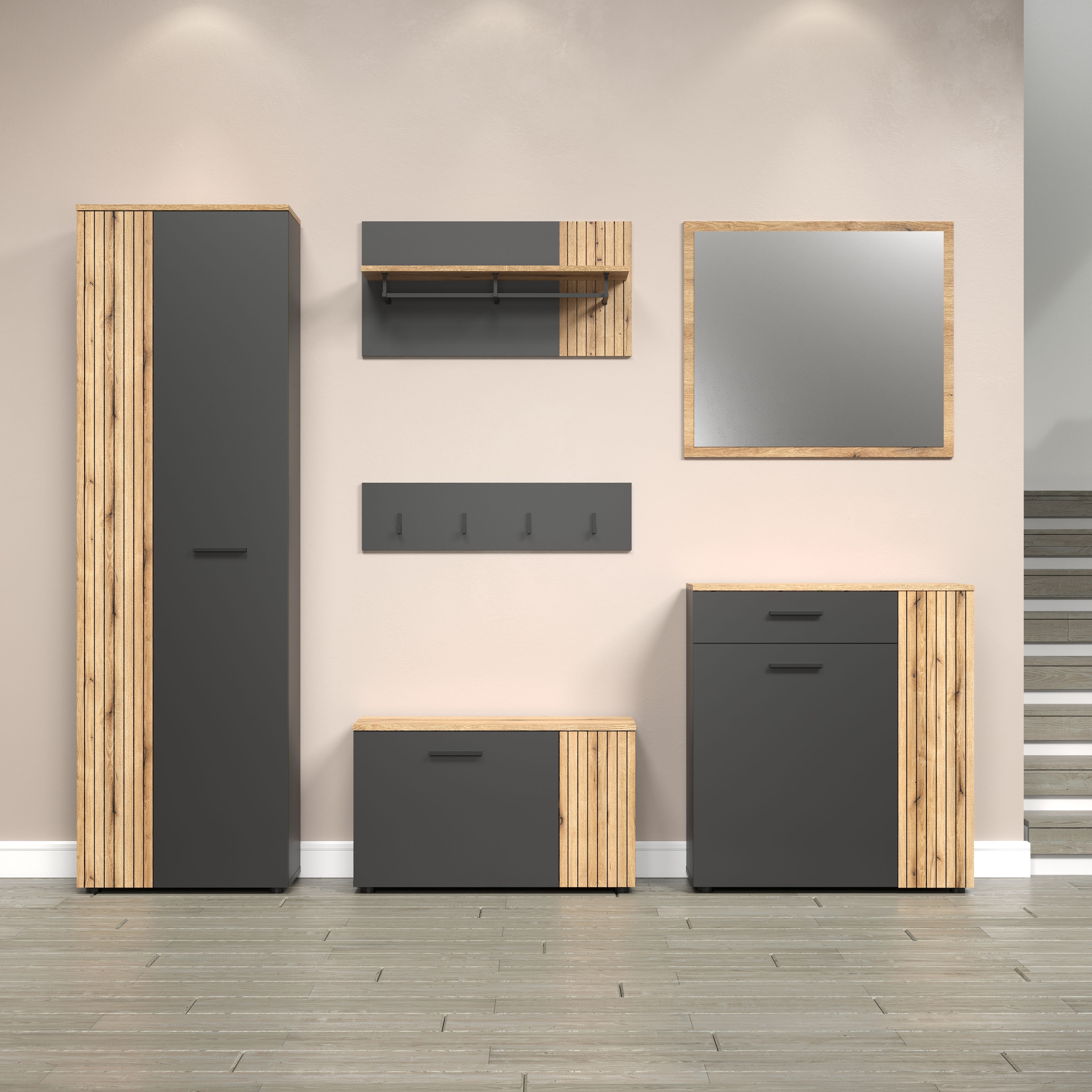 INOSIGN Garderoben-Set »Estepona«, (Komplett-Set, 6 St.), Garderobenmöbel mit Rillenoptik - Masse (B/T/H) 250/36/195 cm
