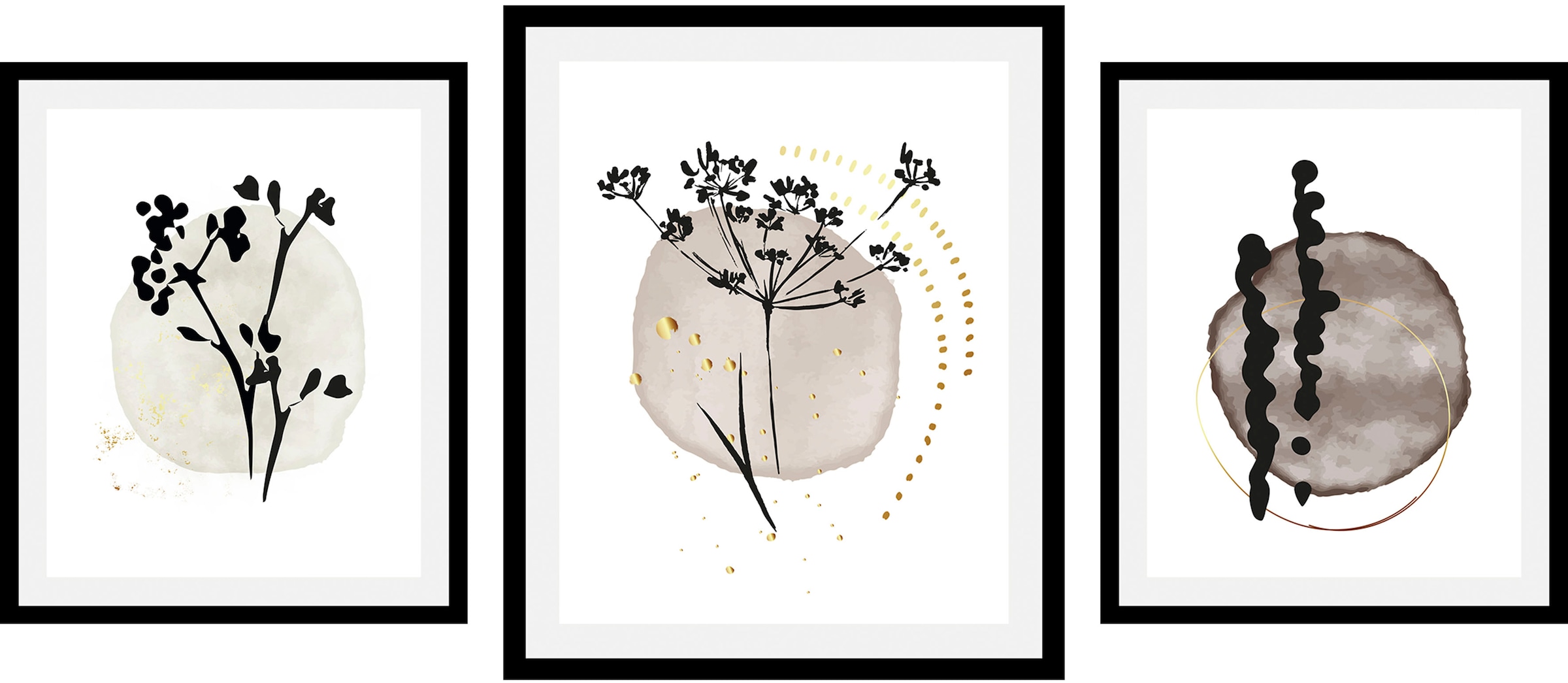 Image of queence Bild "Set Hamara" Abstrakt Blumen Figuren Pflanzen Pflanzenbilder Schwarz-Weiss 1 Stk. tlg. gerahmt