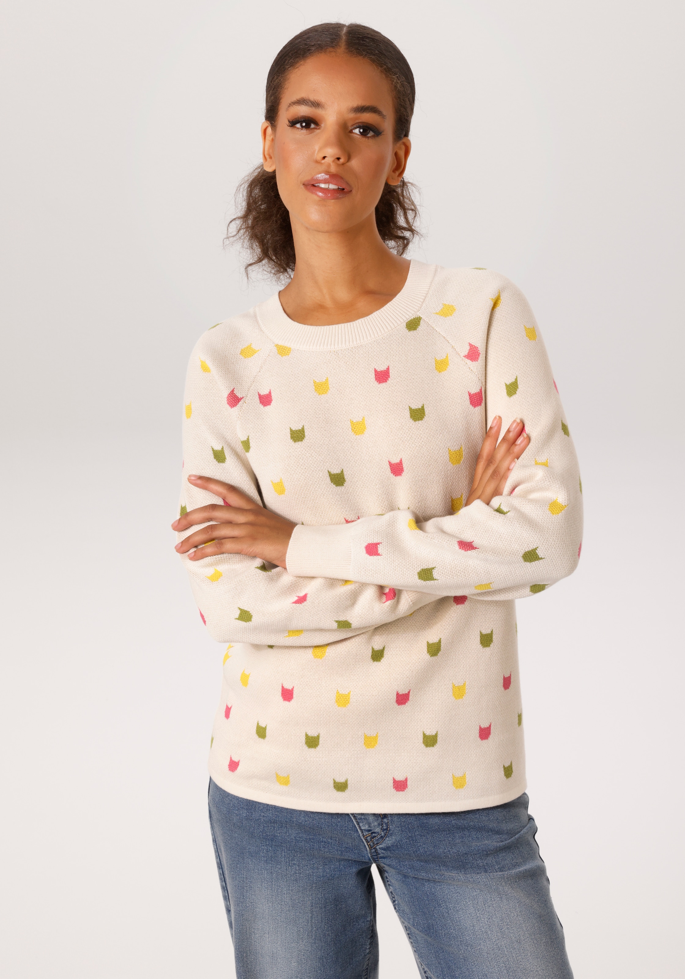 Image of Aniston CASUAL Strickpullover mit eingestrickten grafischen Katzenköpfen