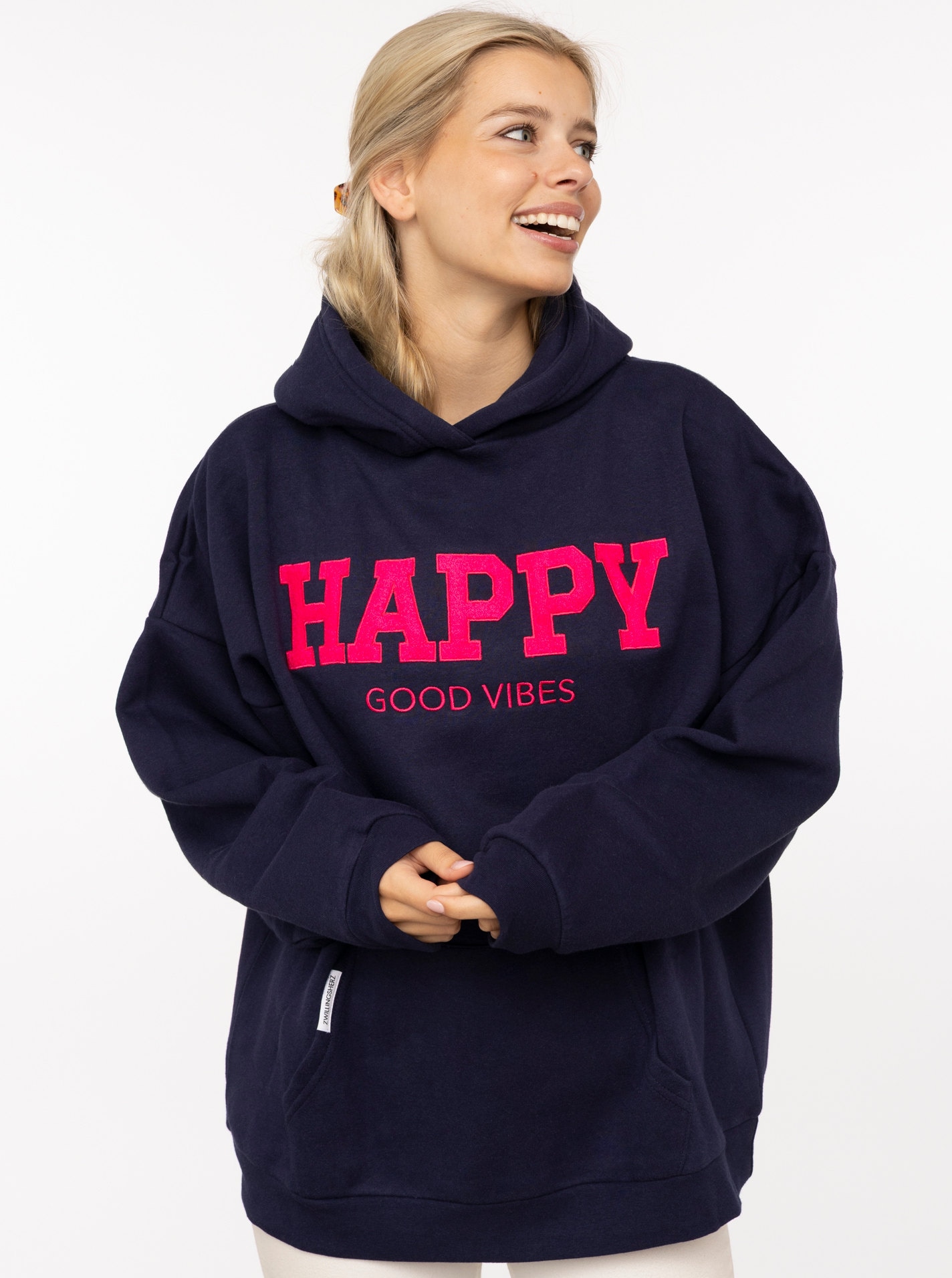 Image of Zwillingsherz Sweatshirt "Oversized Hoody "HAPPY"", positiver Statement Print, Kängurutasche, Kapuze