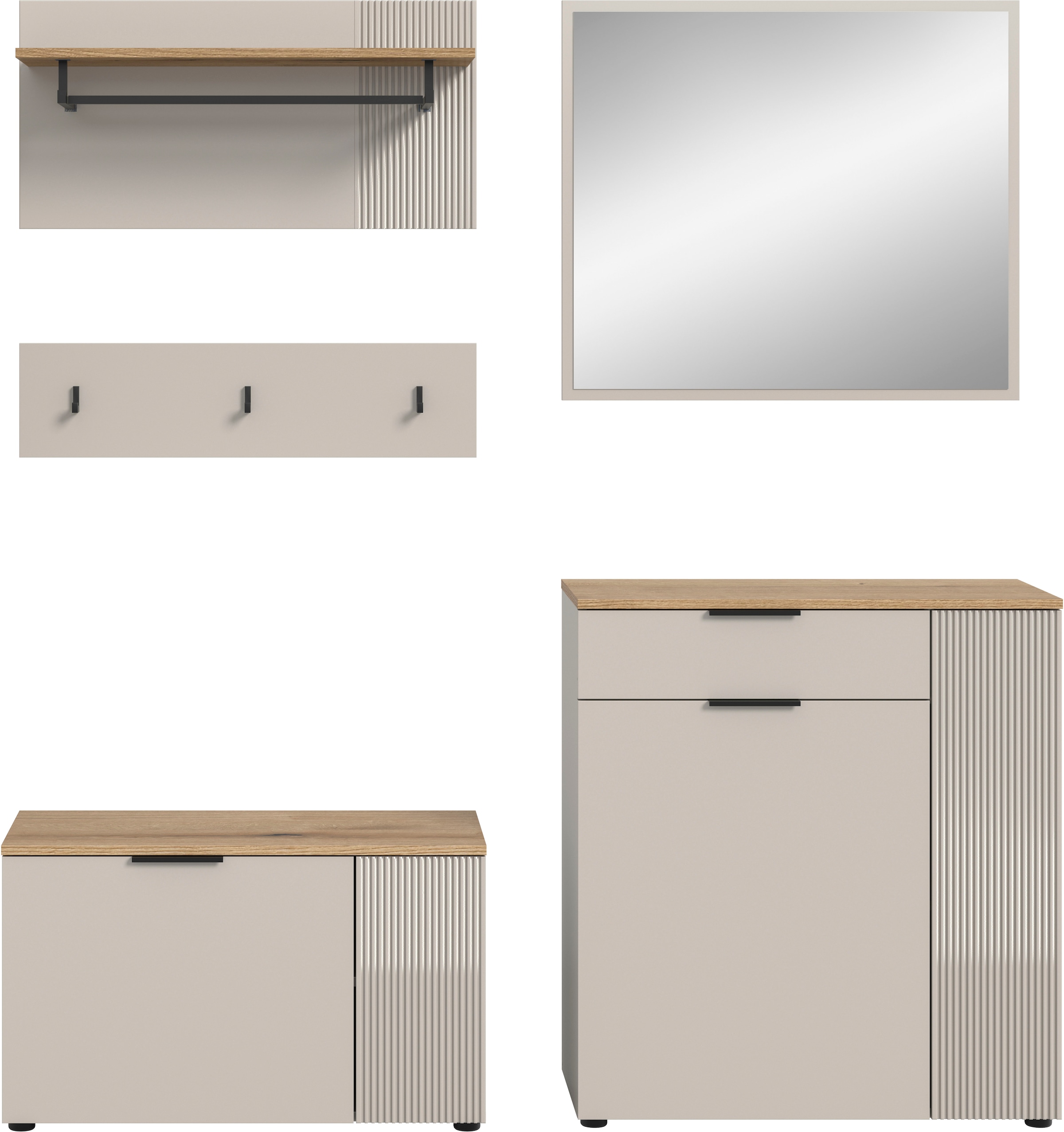 Home affaire Garderoben-Set »EDIL, Breite 175 cm, 5-teilig, Front mit hochwertiger Längstfräsung« Set, best. aus: Sitzbank, Paneel, Hakenleiste, Kommode & Spiegel, 4 Stk. tlg.