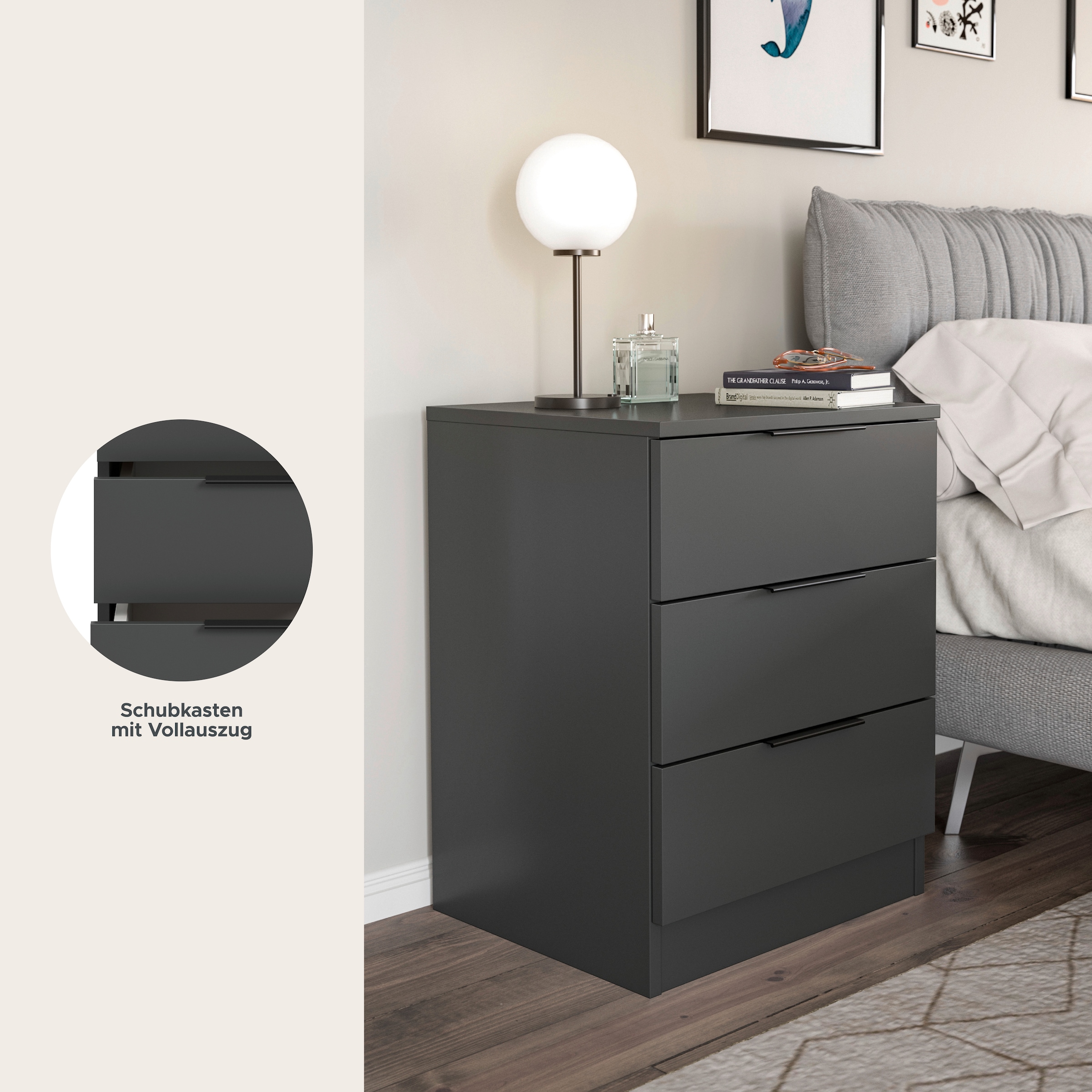 Home affaire Table de nuit »Skarde Nachttisch Beistelltisch Kommode, Breite: 45 cm« 1 cuis tlg. Skarde, Nachtkommode, 3 Schubkästen, anthrazit