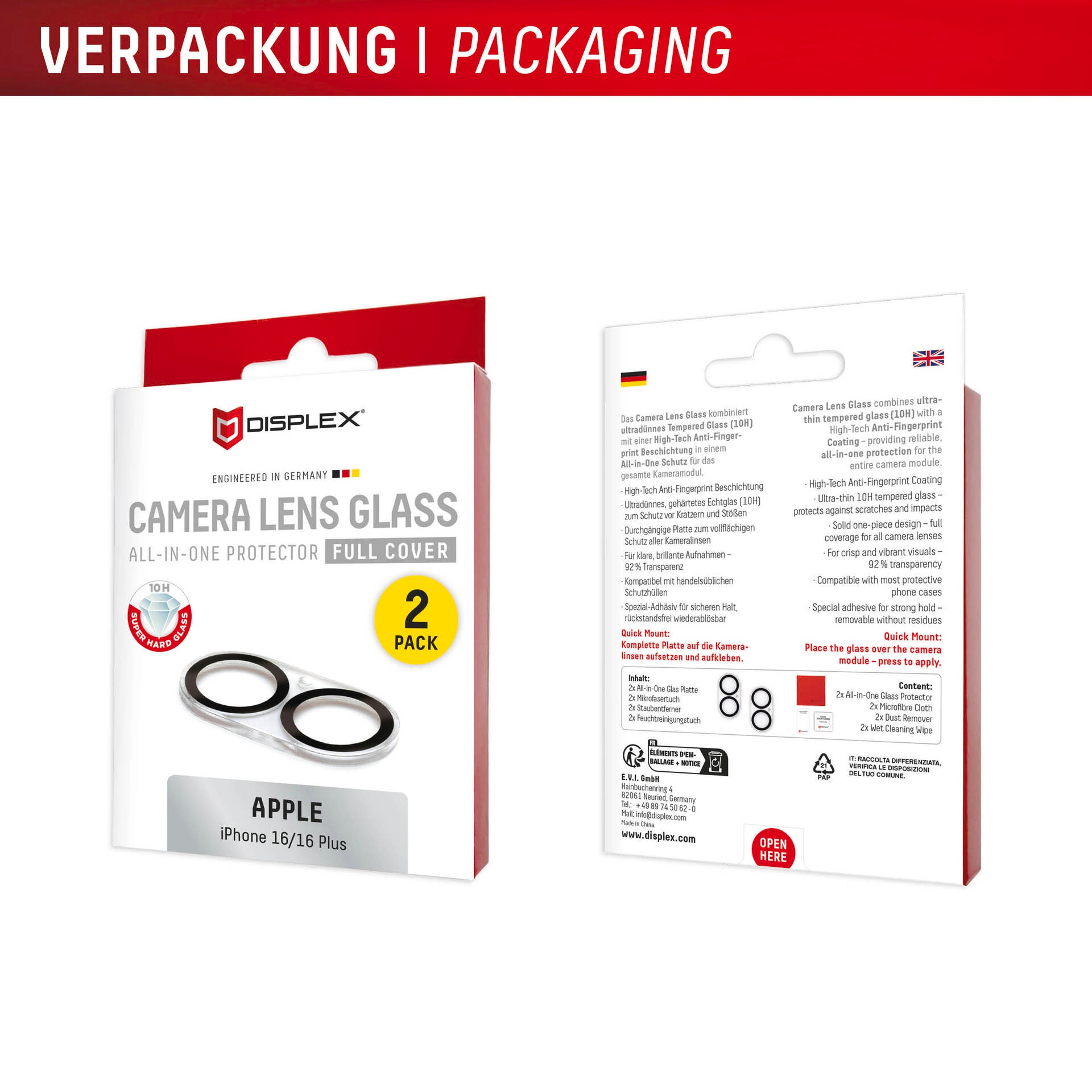 Displex Kameraschutzglas »Camera Lens Glass All-In-One Protector Full Cover« für Apple iPhone 16;Apple iPhone 16 Plus Packung, 2x All-In-One Glas,  Objektivschutz, Kameraschutz, kratz- & stossfest