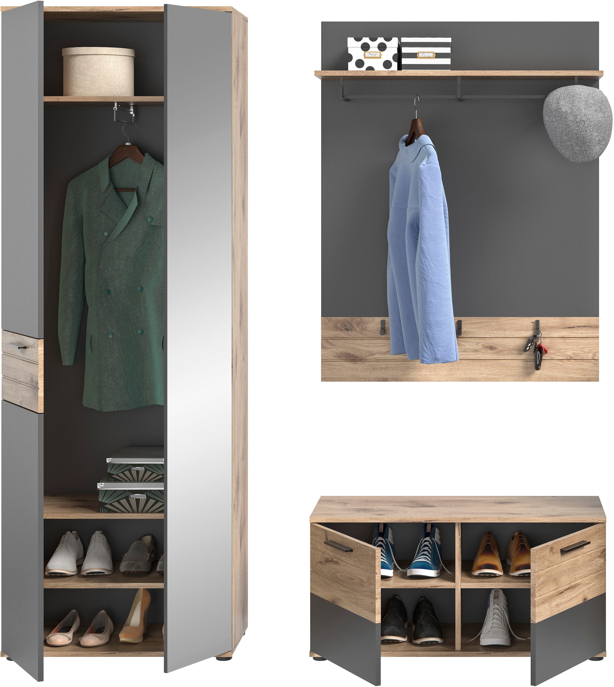 INOSIGN Garderoben-Set »Riga, Breite 175 cm, hochwertige Rillenfräsung, 3-teilig, best. aus:«, (Set, 3 St.), Garderobenschrank, Sitzbank, Paneel