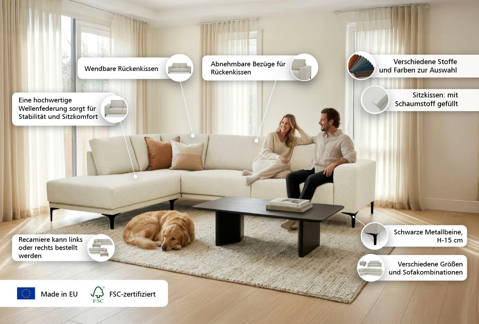 GOODproduct Ecksofa »Xander, L-Form« Breite 289 cm, Webstoff, Soft-Touch Chenille, schwarze Metallfüsse