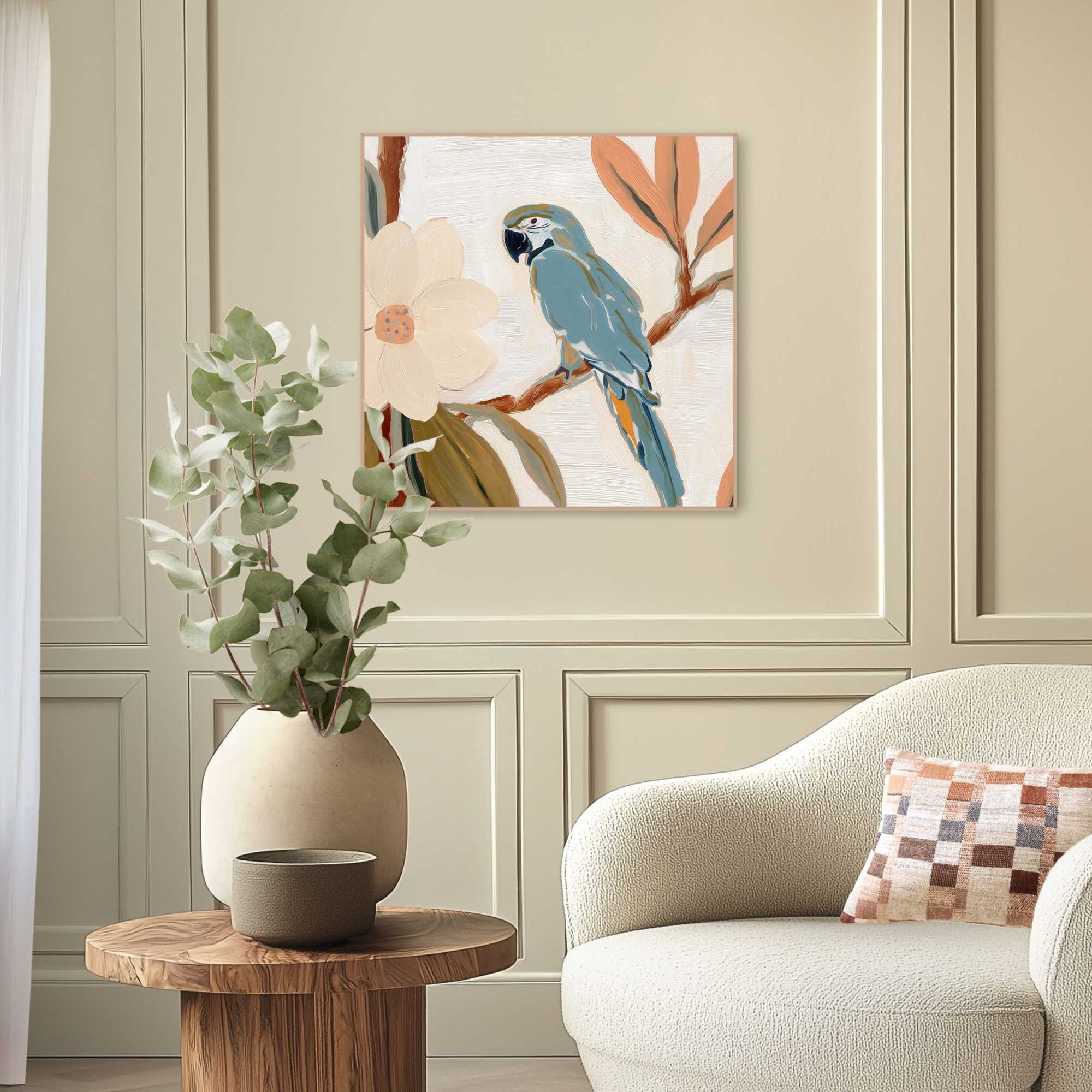 Image of Reinders Bild mit Rahmen "Botanischer Papagei" Tiere 1 Stk. tlg. Hobbyraum - Blau - MDF - Tiere - 50x50 cm