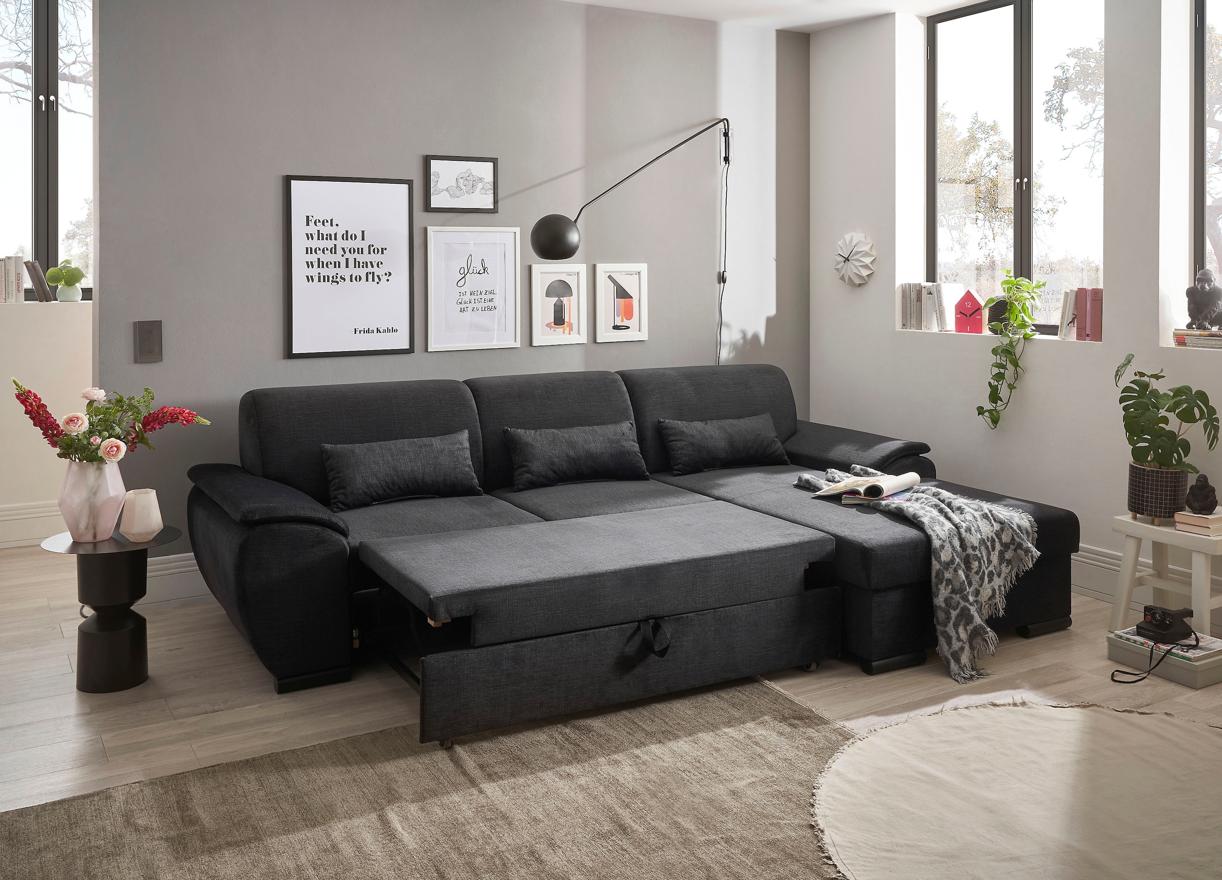 ED EXCITING DESIGN Ecksofa »Tampa L-Form«, mit Bettfunktion, Bettkasten & 3 Nierenkissen