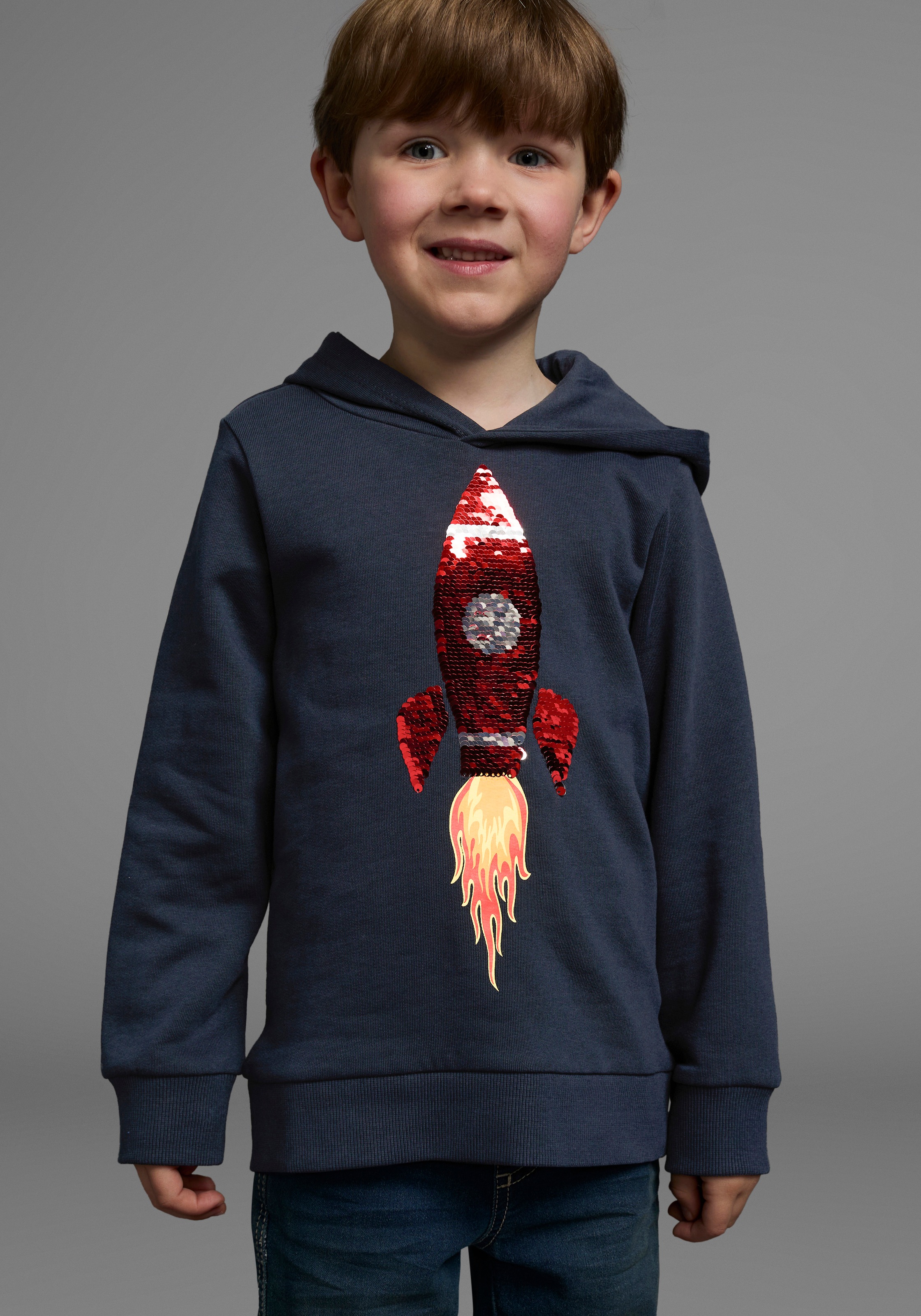 KIDSWORLD Kapuzensweatshirt "Rakete - Wendepaillette", lange Ärmel, Basic-Passform, aus Baumwolle, mit Rippbündchen