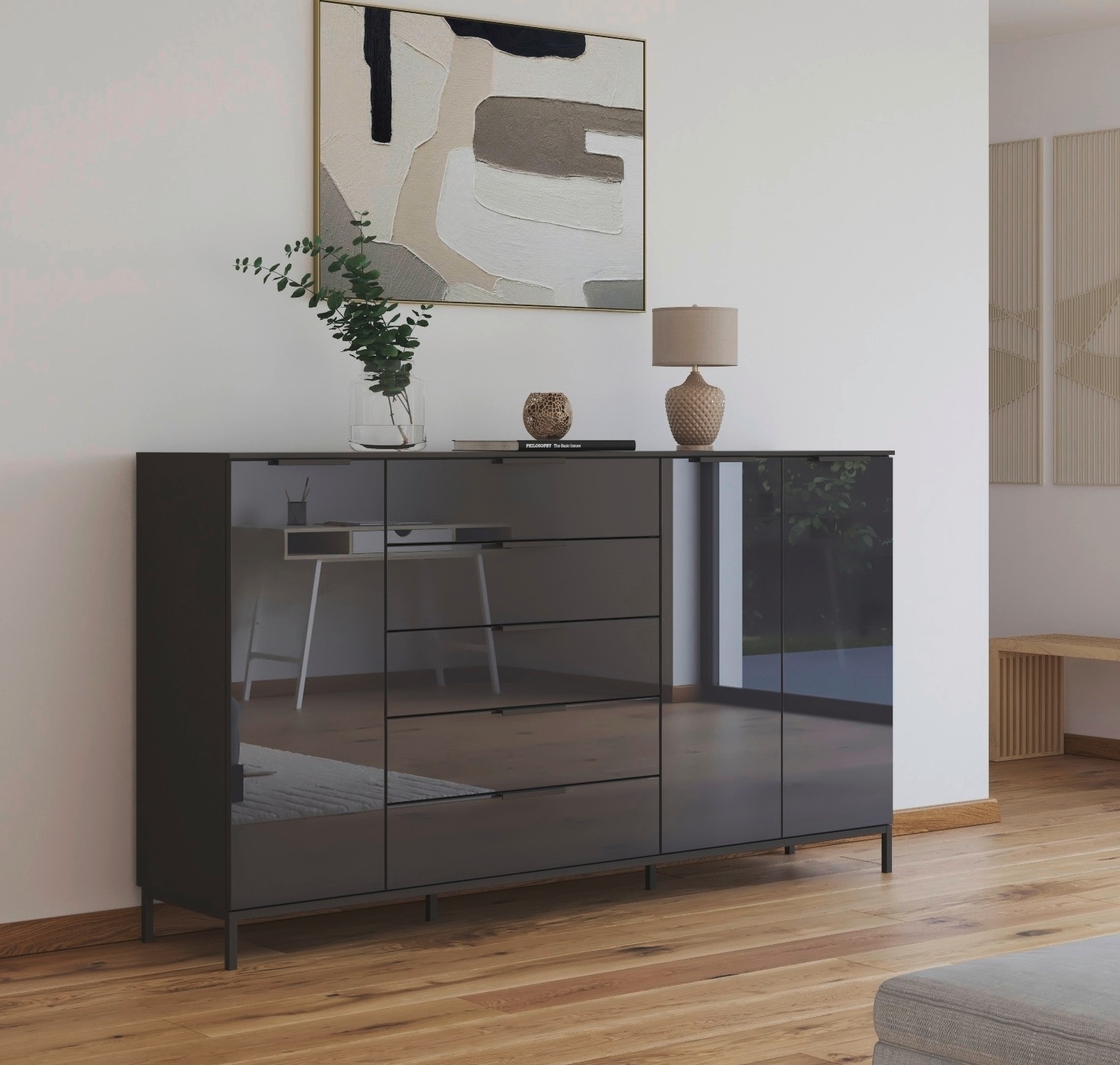 rauch Kombikommode "Kommode Türkommode Sideboard Kombikommode FLIPP mit Glasfront" Breite 200 cm mit 4 Einlegeböden, 3-türig mit 5 Schubladen und Soft-Close-Funktion sowie Glasfront