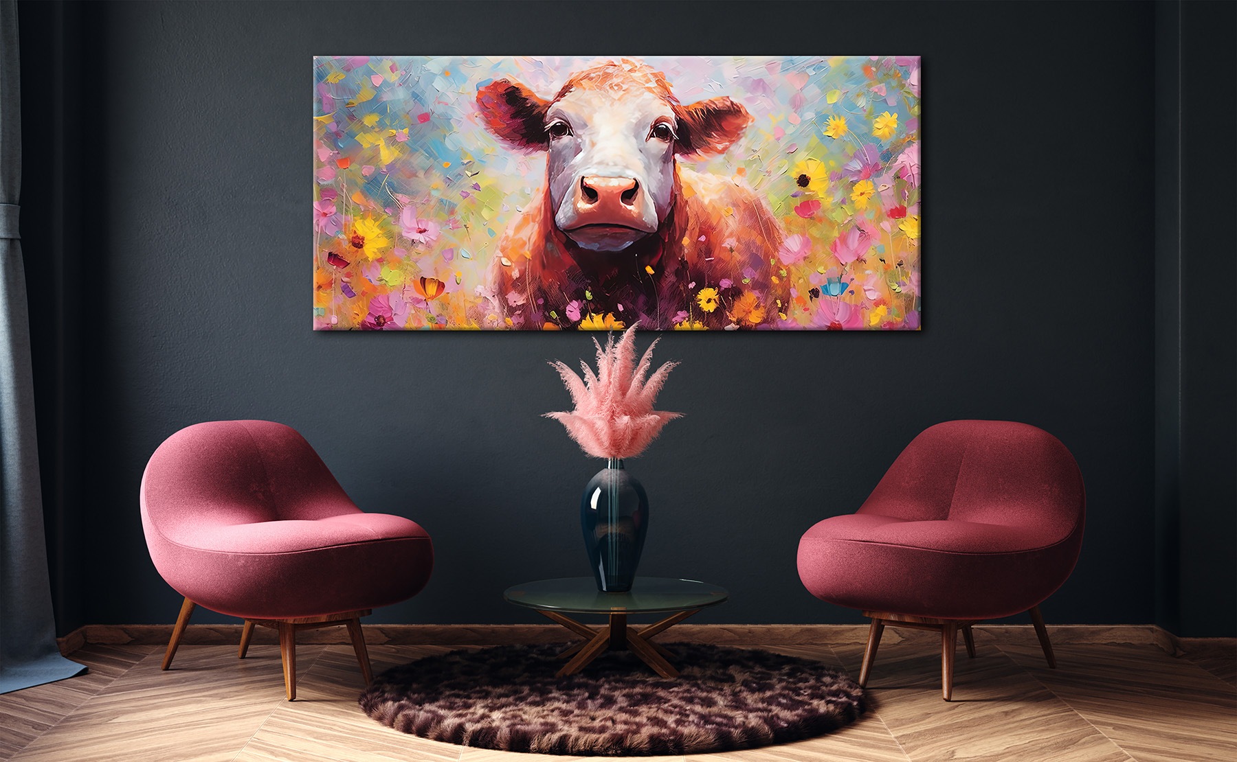 Bönninghoff Leinwandbild »Wandbild KUH MIT BLUMEN XXL 90x200 cm – Leinwandbild Keilrahmen Deko« Blumen | Blumenbilder | Kuh | Kuhbilder | Kühe | Tiere 1 Stk. tlg. auf Keilrahmen gespannt