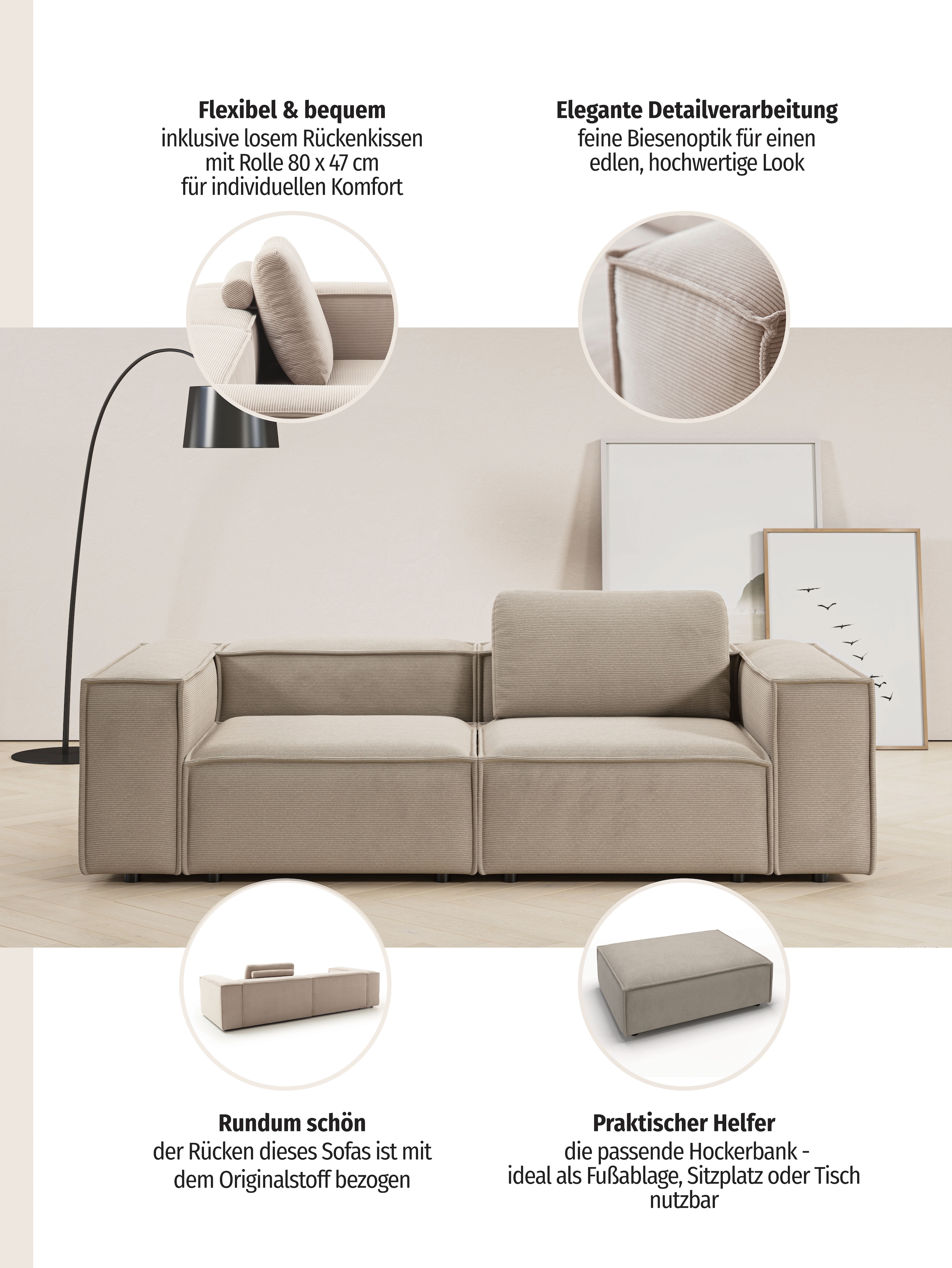 Home affaire 2-places »Watertown, modern, Sofa 246 cm breit, in 2 Tiefen, Japandi Design« canapé élégant profondeur 98 cm, avec assise extra large, bouclé