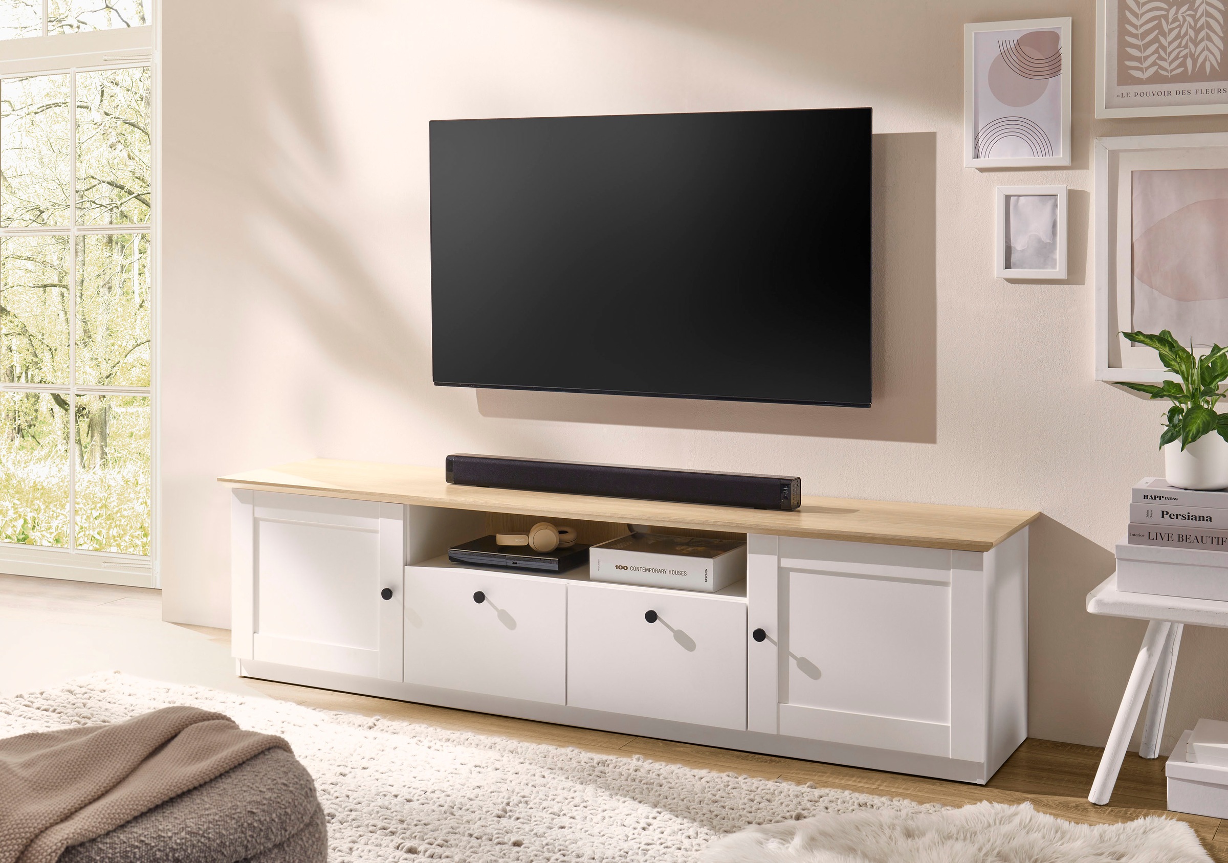 Image of GOODproduct Lowboard "Brest, TV-Unterschrank, Kommode, TV-Schrank im Landhausstil" schwarze Metallgriffe, ausreichend Stauraum, 204 cm breit