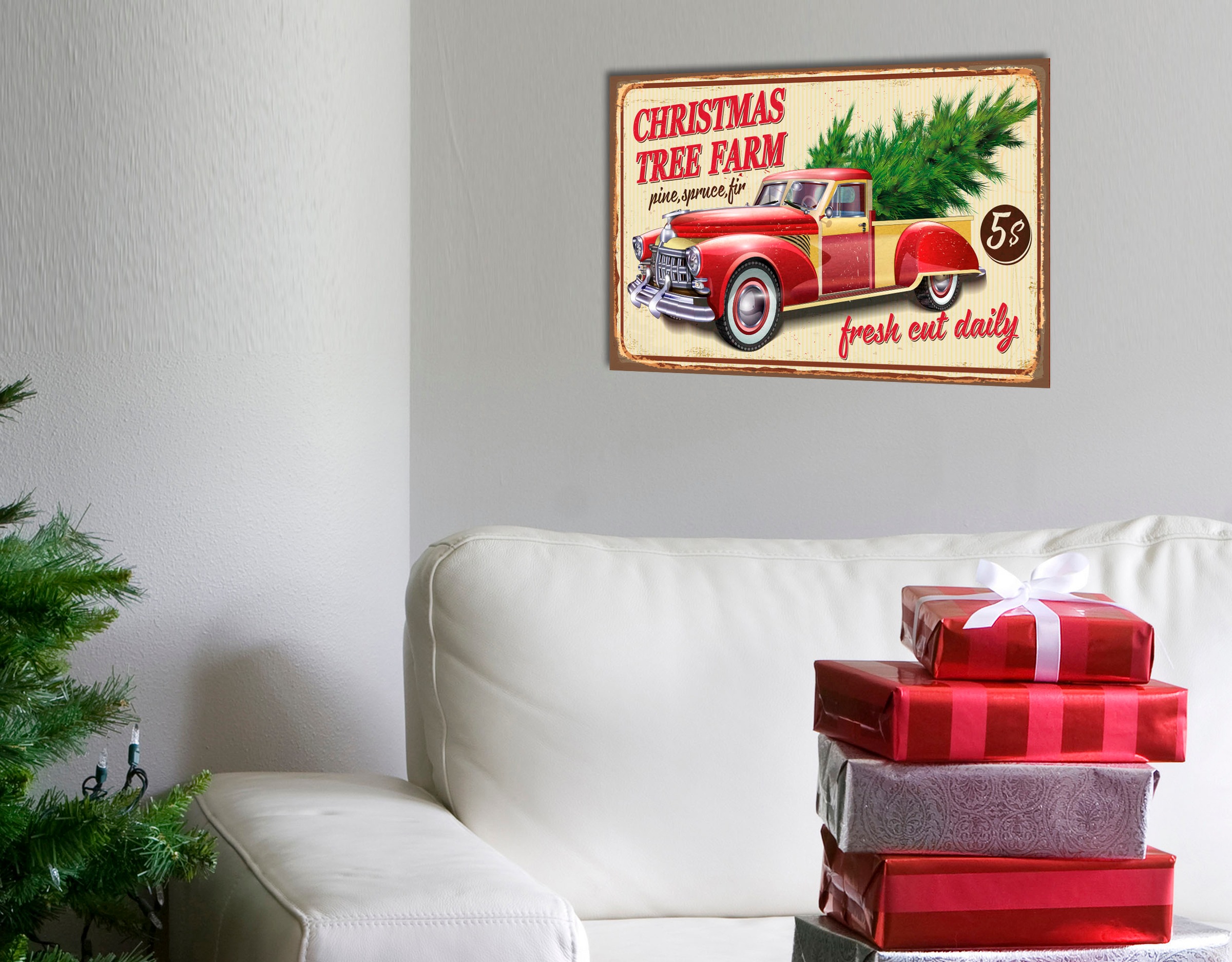 Image of queence Metallbild "Christmas Tree Farm" Schriftzug Schriftzüge Weihnachten Weihnachtsbaum 1 Stk. tlg. Stahlschilder