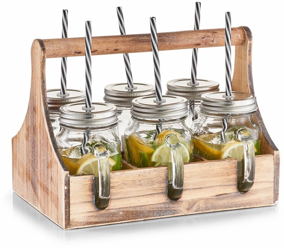 Zeller Present Glas je 6 Gläser, Deckel und Strohhalme, in praktischer Holzkiste
