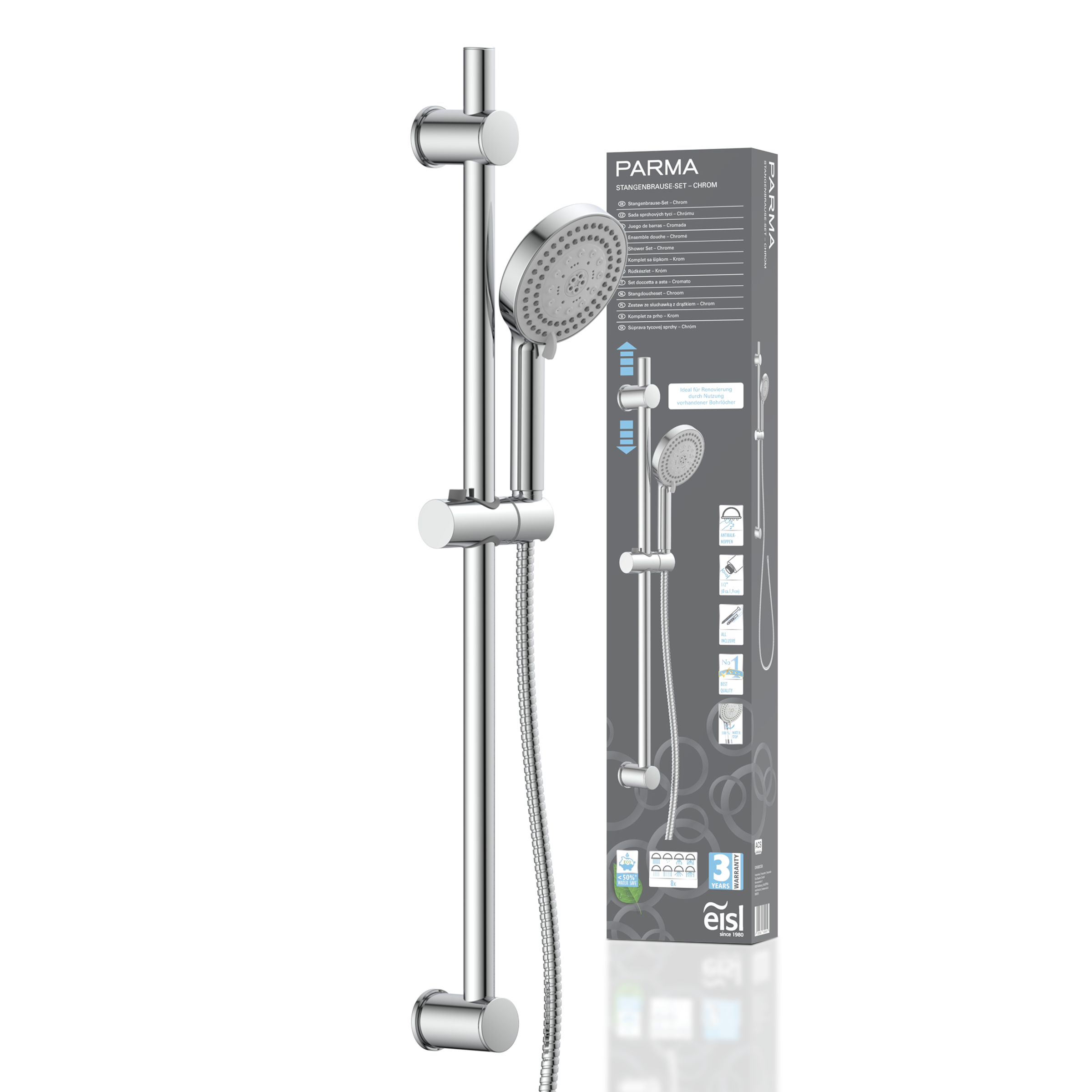 Image of Eisl Stangenbrause-Set Duschkopf mit Schlauch und Halterung, Handbrause mit 8 Funktionen