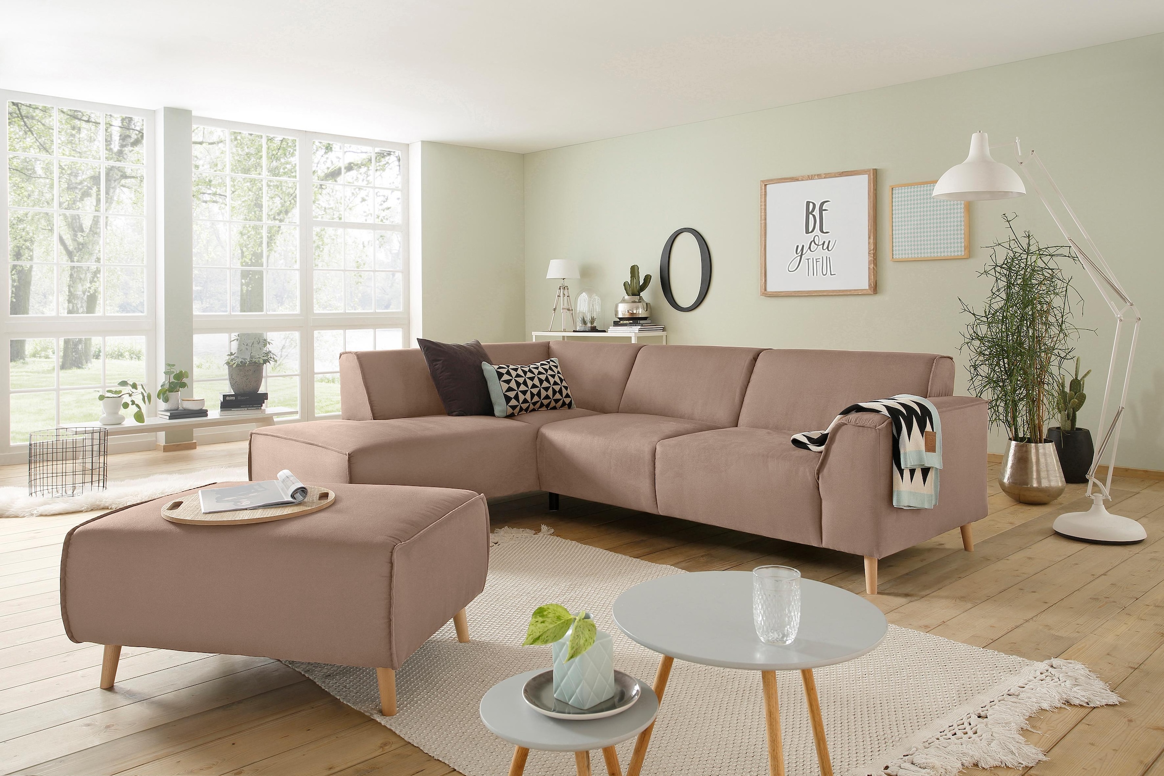 Home affaire Ecksofa »Julia L-Form«, Federkern-Polsterung, Holzfüsse, Keder