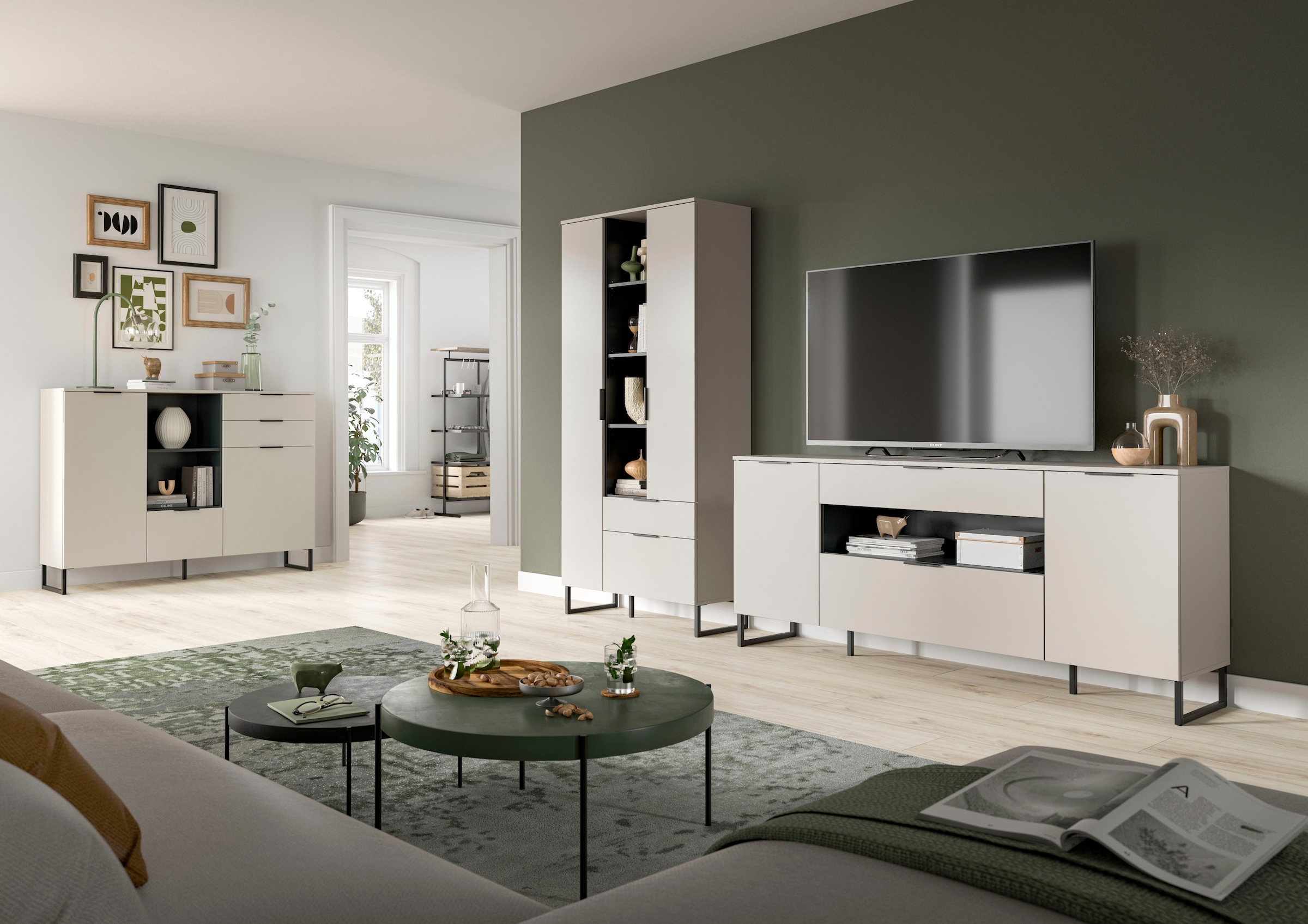 INOSIGN Wohnwand »ADIO, Breite 290 cm, 2-teiliges Set, mit Metall-Kufenfüsse« Set, bestehend aus: Mehrzweckschrank und Sideboard, 2 Stk. tlg.