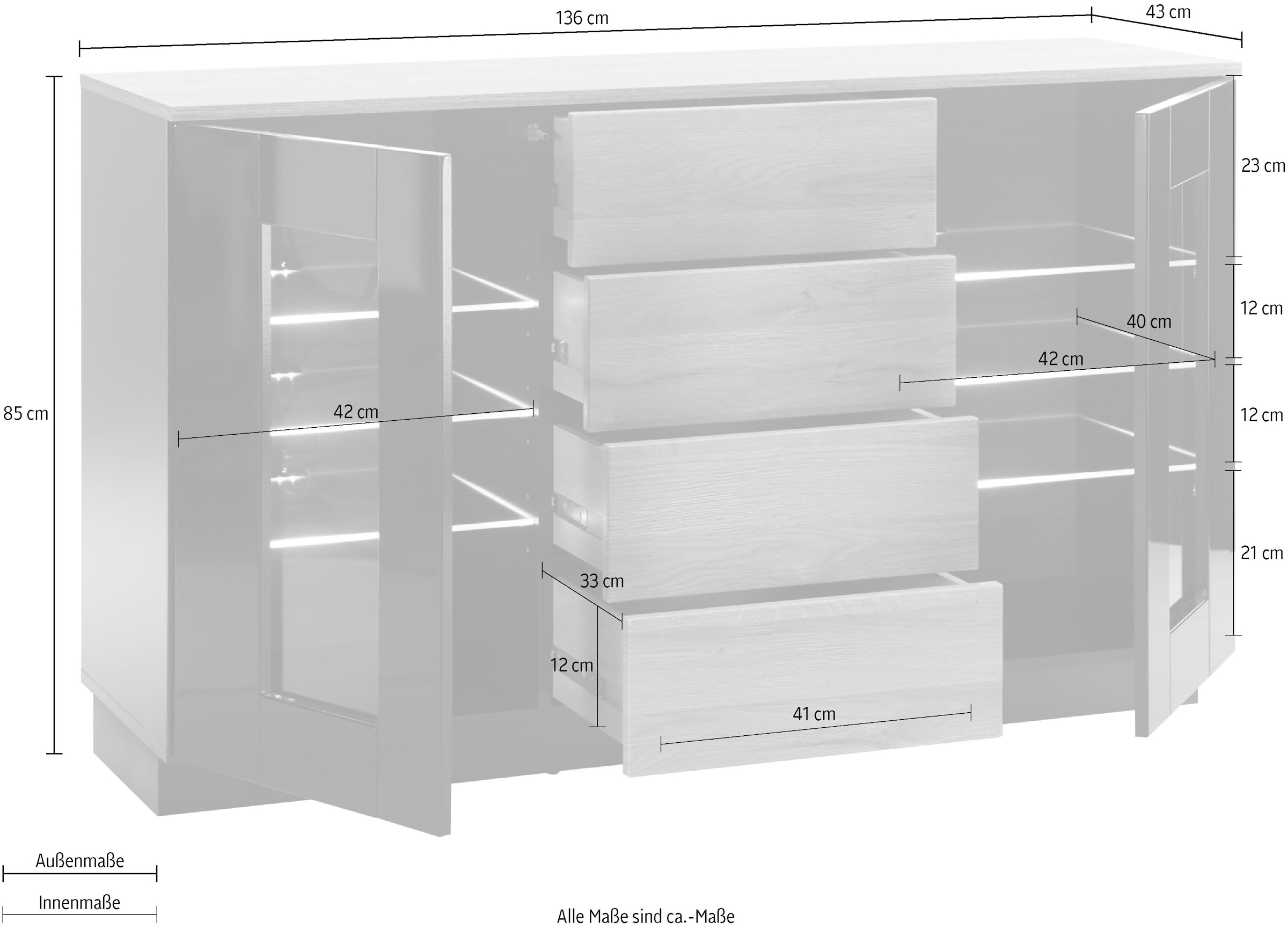 Places of Style Sideboard »Cayman«, Breite ca. 136 cm ohne Beleuchtung