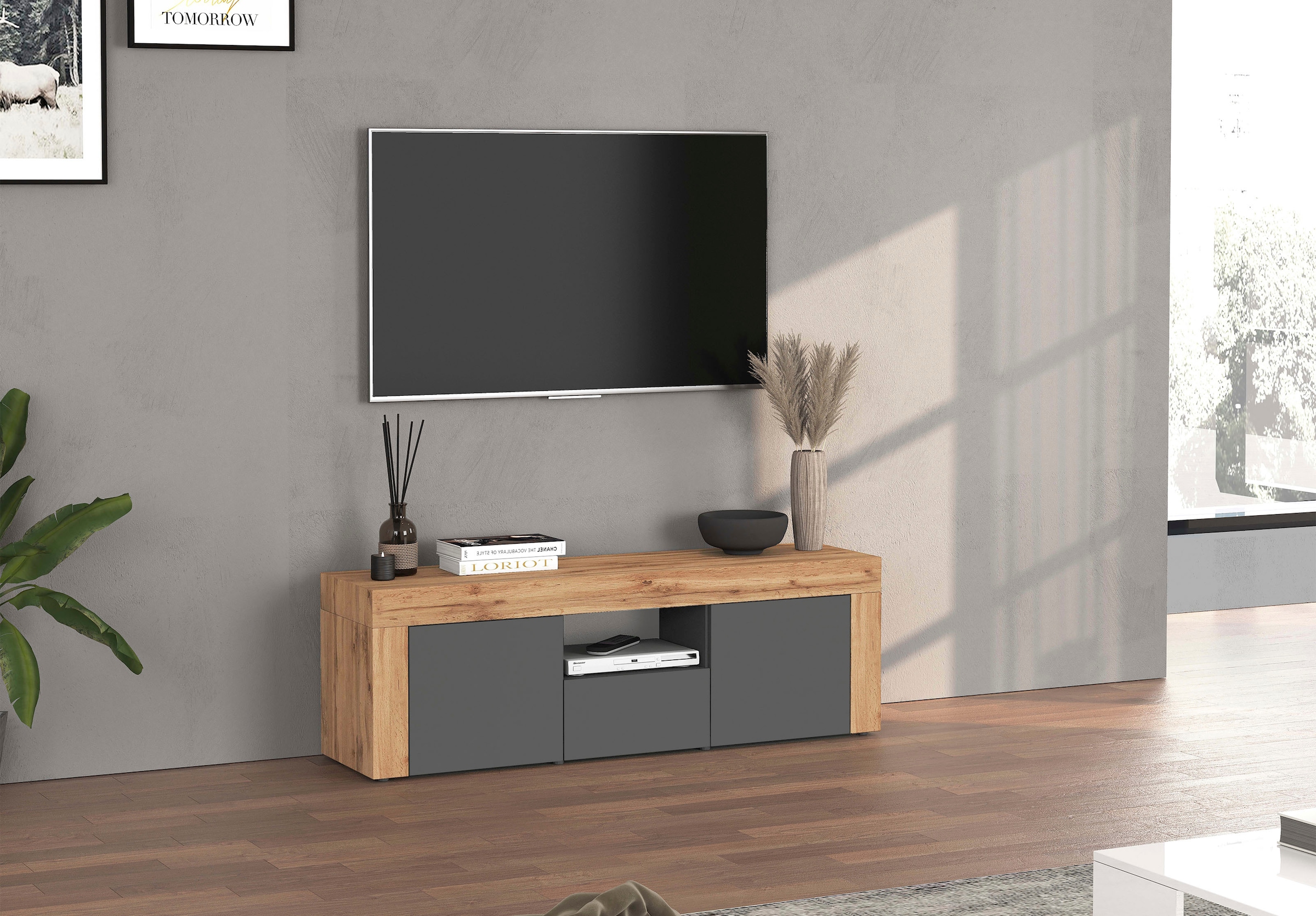 GOODproduct Table basse »CHRONOS Breite 155 cm mit 2 Türen, 1 Schublade,1 offenes Fach« 1 cuis tlg. TV-Board, Sideboard niedrig, Grifflos mit Push to Open 'Made in Italy'