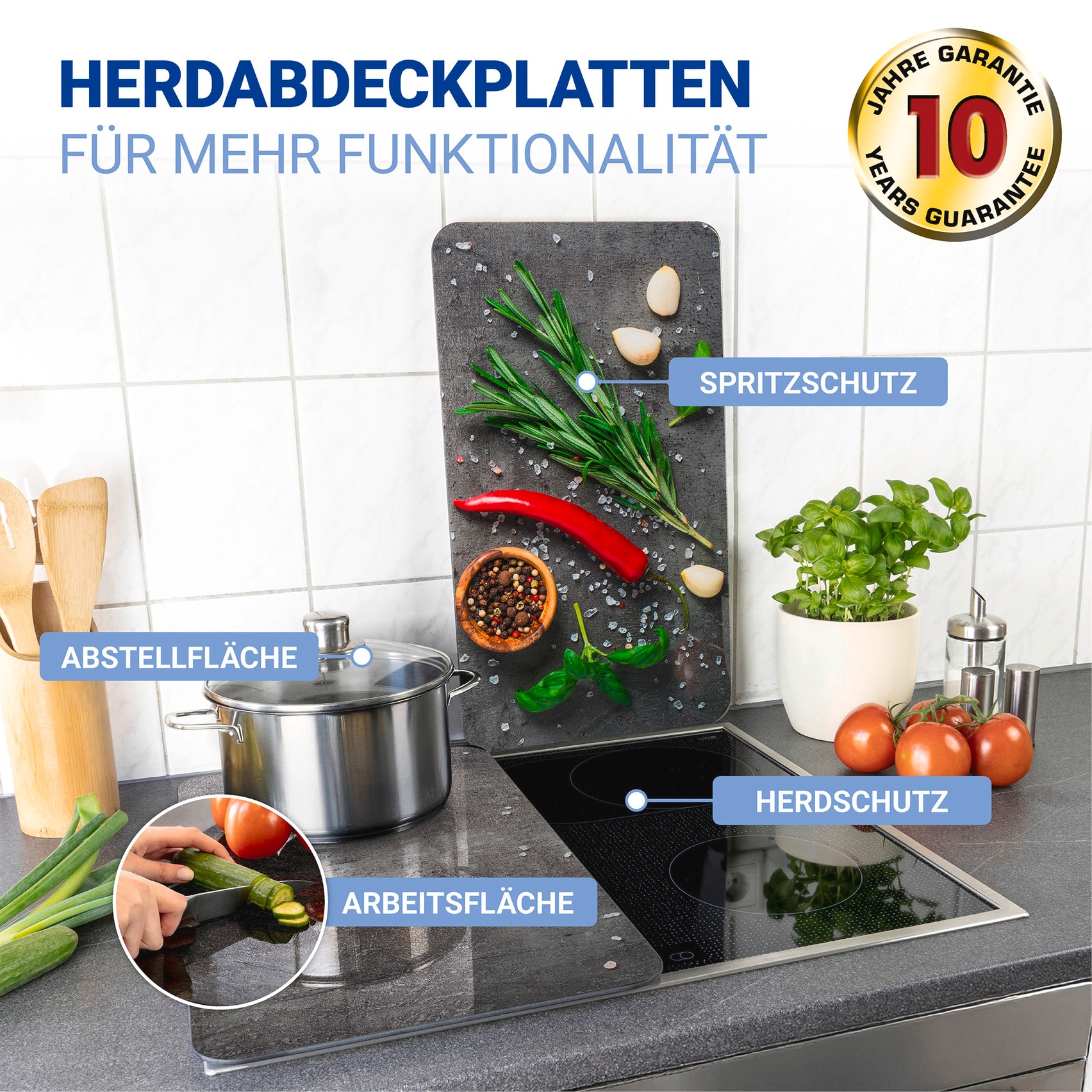 WENKO Herd-Abdeckplatte »Universal Modell Rosmarin«, (Set, 2 tlg.), Herdabdeckung für alle Herdarten, kratzfest, mit rutschfesten Füssen