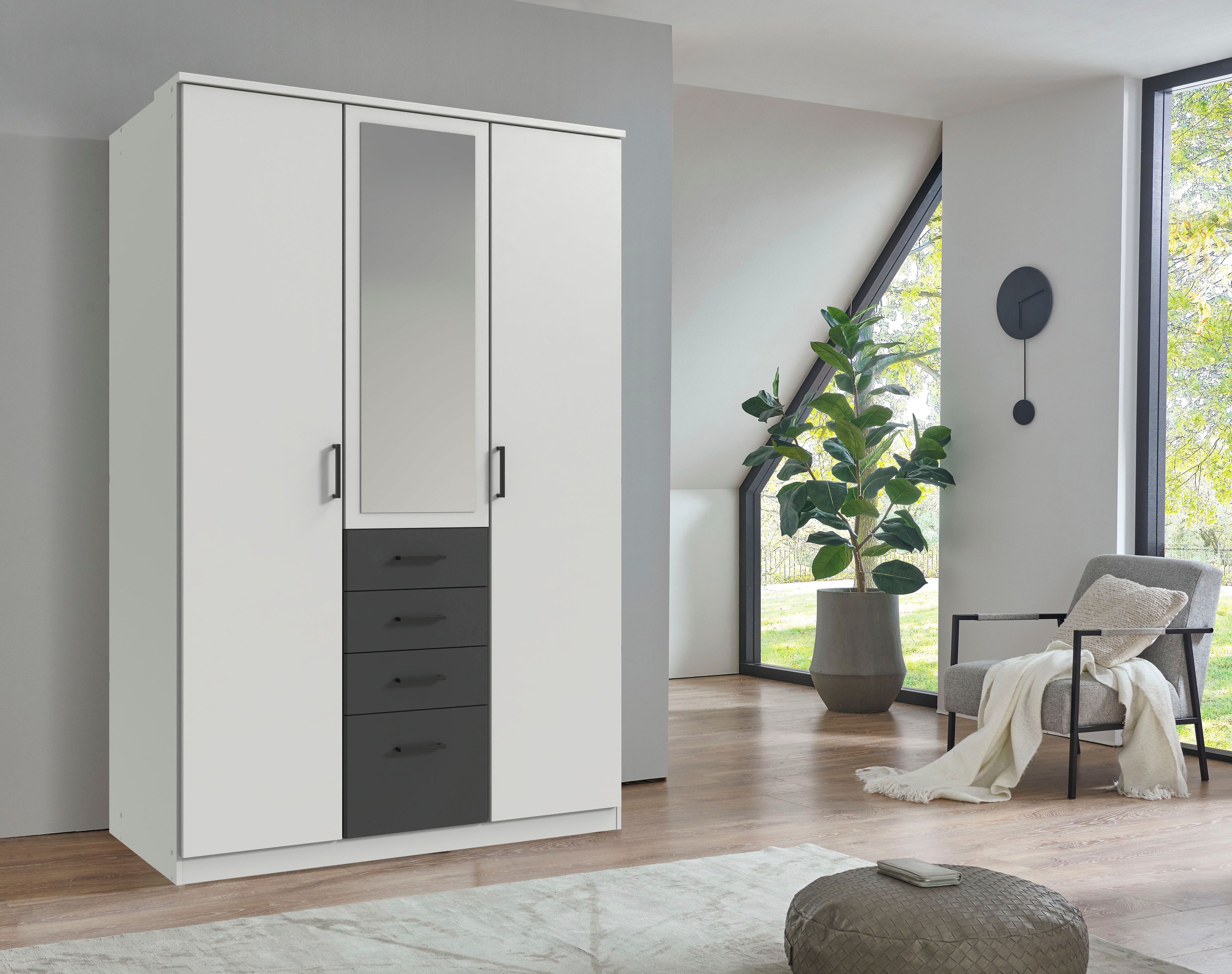 Wimex Kleiderschrank »Cottbus, in weiss oder grau modern kombiniert mit graphitfb.Schubladen«, (in 3 Grössen, schwarze Griffe, Made in Germany), mit 4 Schubladen, wahlweise mit oder ohne Spiegel