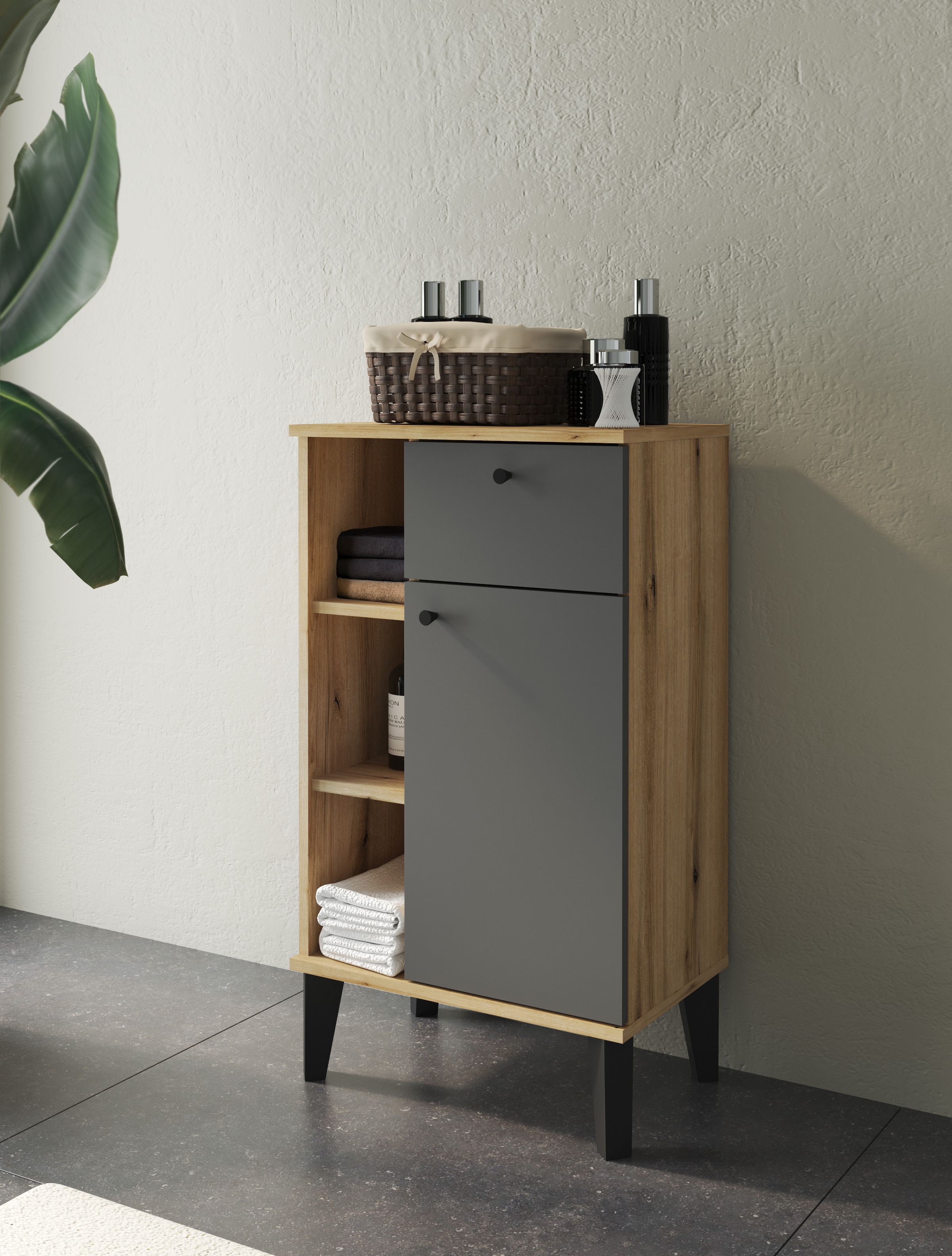 INOSIGN Armoire intermédiaire »Oslo, Badschrank mit Knopfgriff, Schrank im skandinavischen Design« in der Türfarbe Weiss oder Grau verfügbar, ausreichend Stauraum