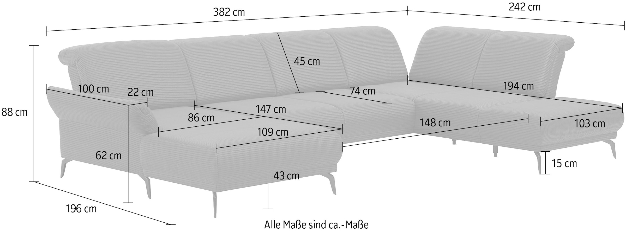 INOSIGN Wohnlandschaft »Coco U-Form«, Sitztiefen-, Arm- und Kopfteilverstellung, Cord-Bezug, Fusshöhe 15 cm