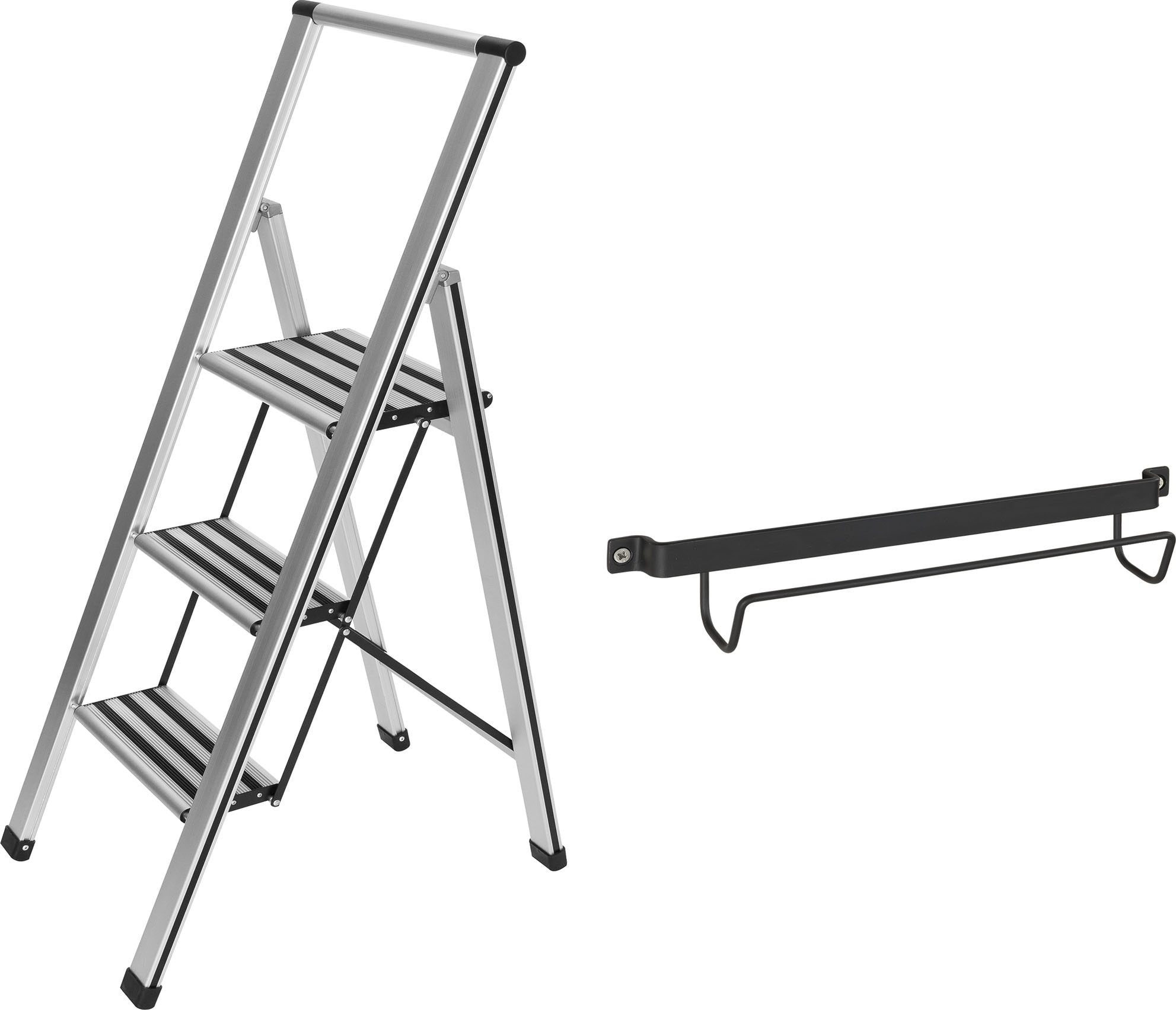 Image of WENKO Trittleiter "Modell Alu-Design" 2 Stk. tlg. stabile Klapptritt Leiter, rutschsicher, bis 150 kg, mit Leiternhalter